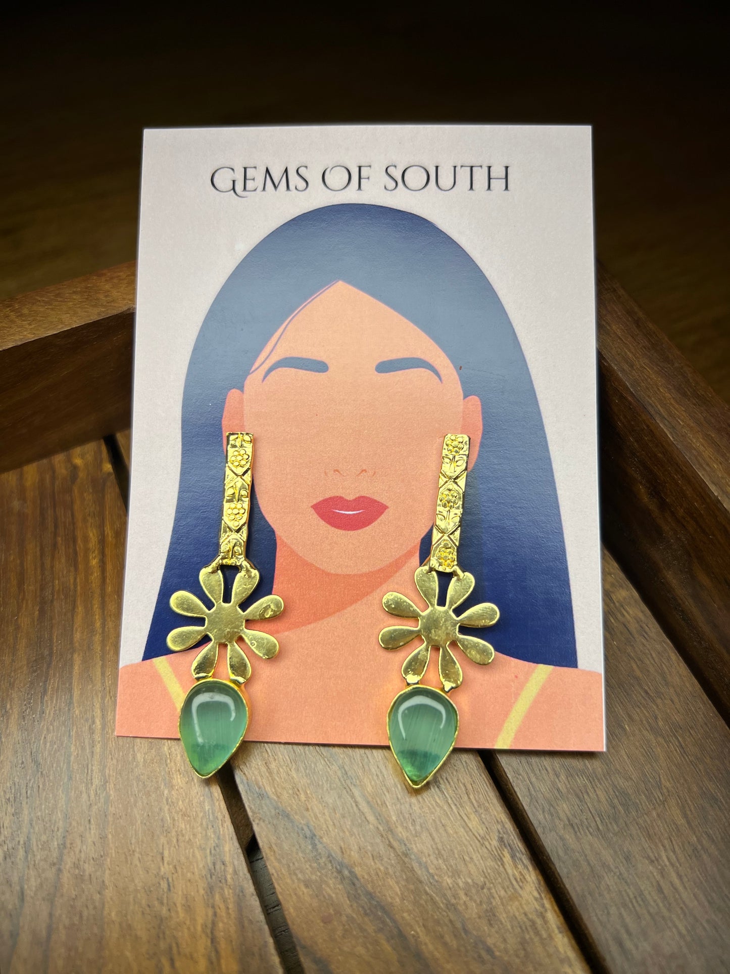 Light Green Stone Gold Plated Flower Statement Earring