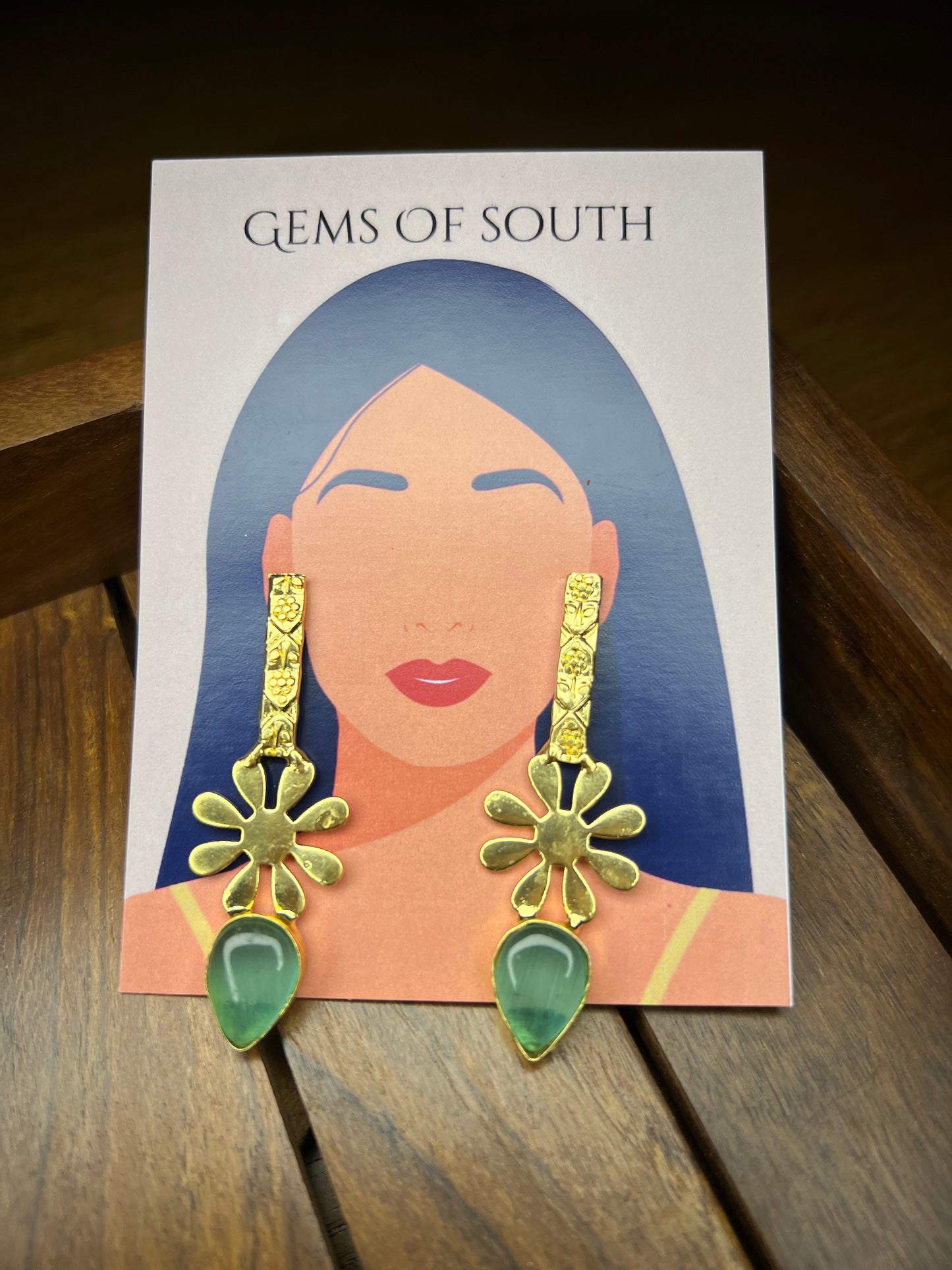 Light Green Stone Gold Plated Flower Statement Earring