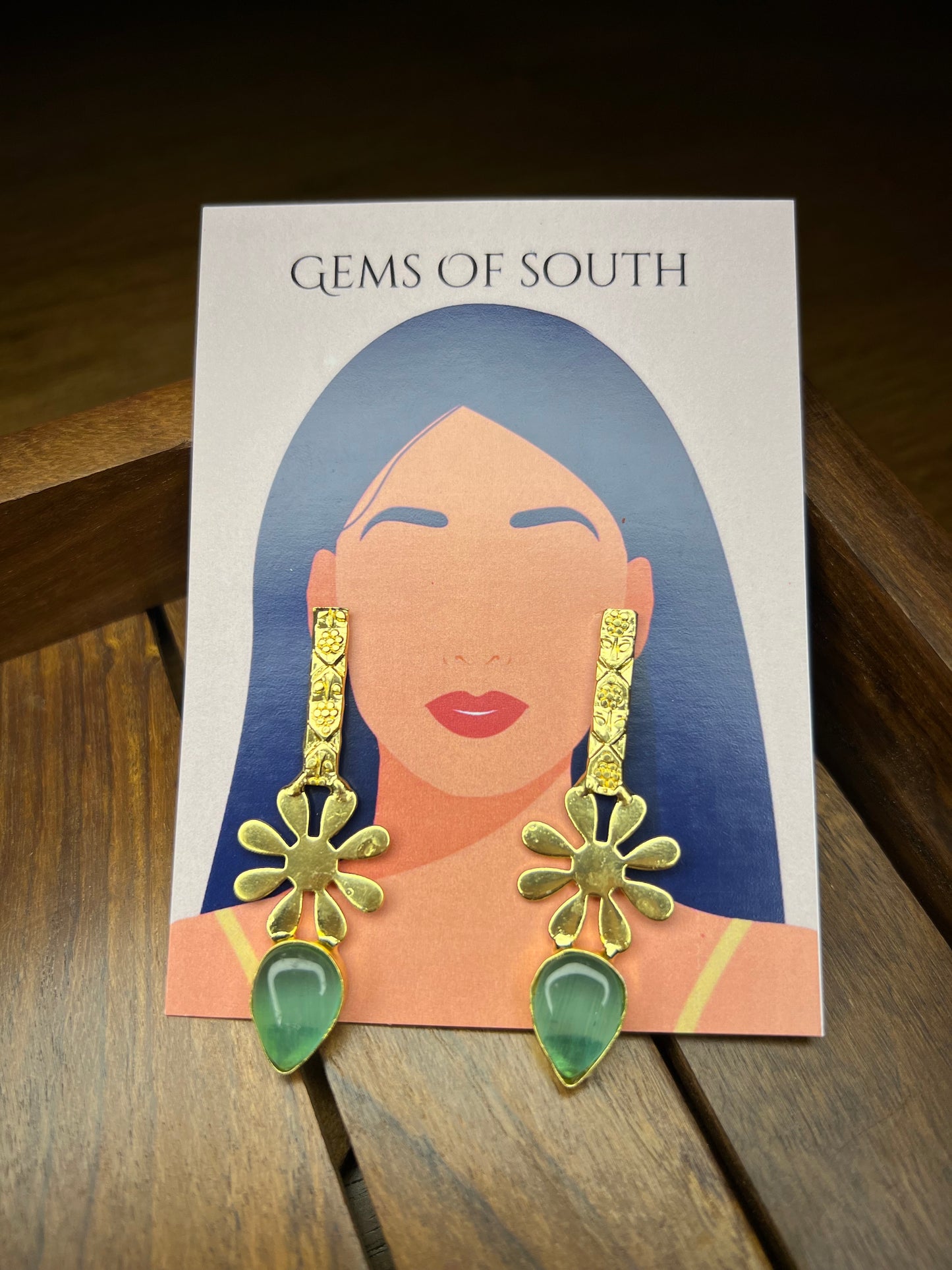 Light Green Stone Gold Plated Flower Statement Earring