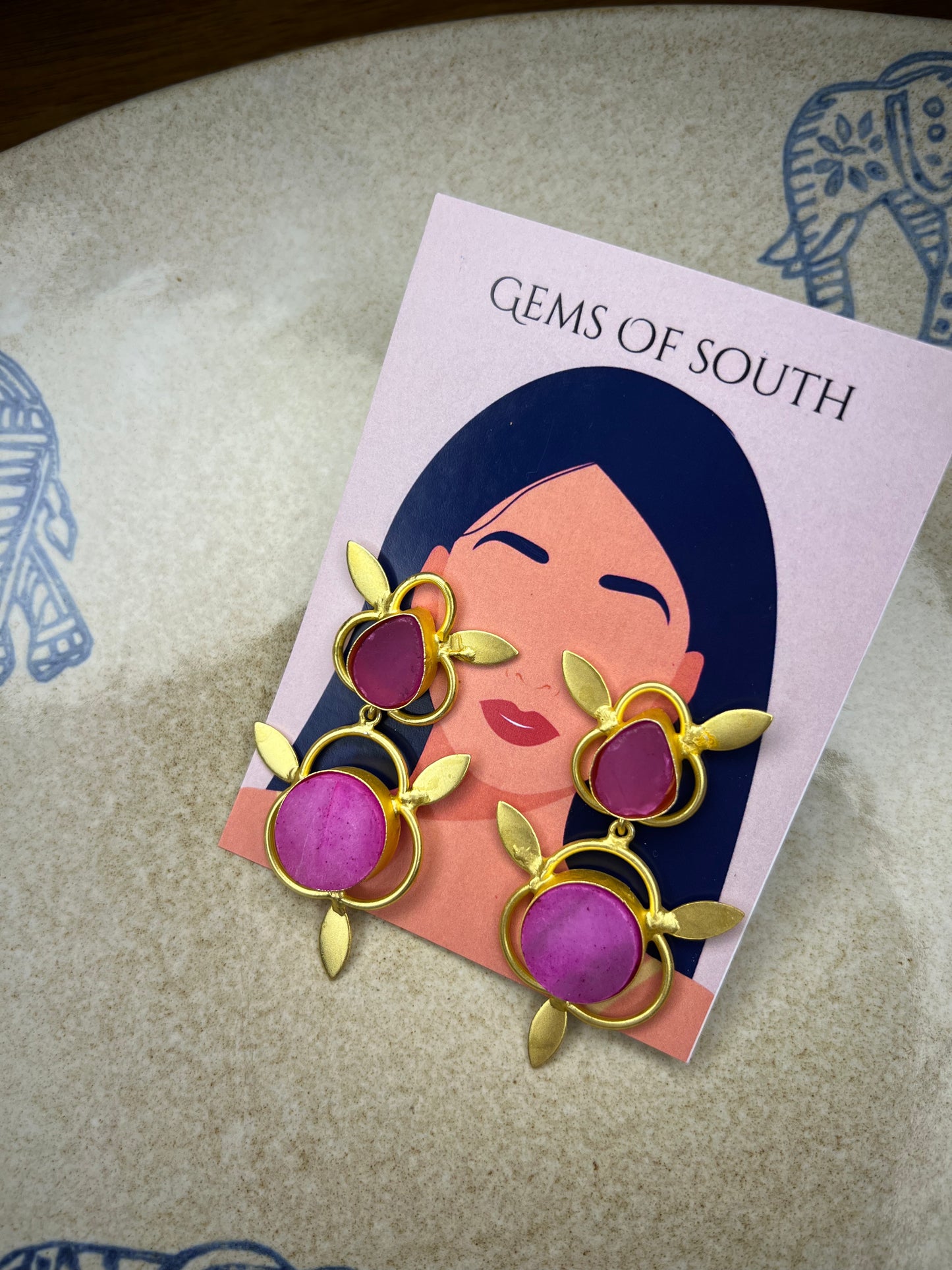 Dark Pink Raw Stone and Leaves Earring