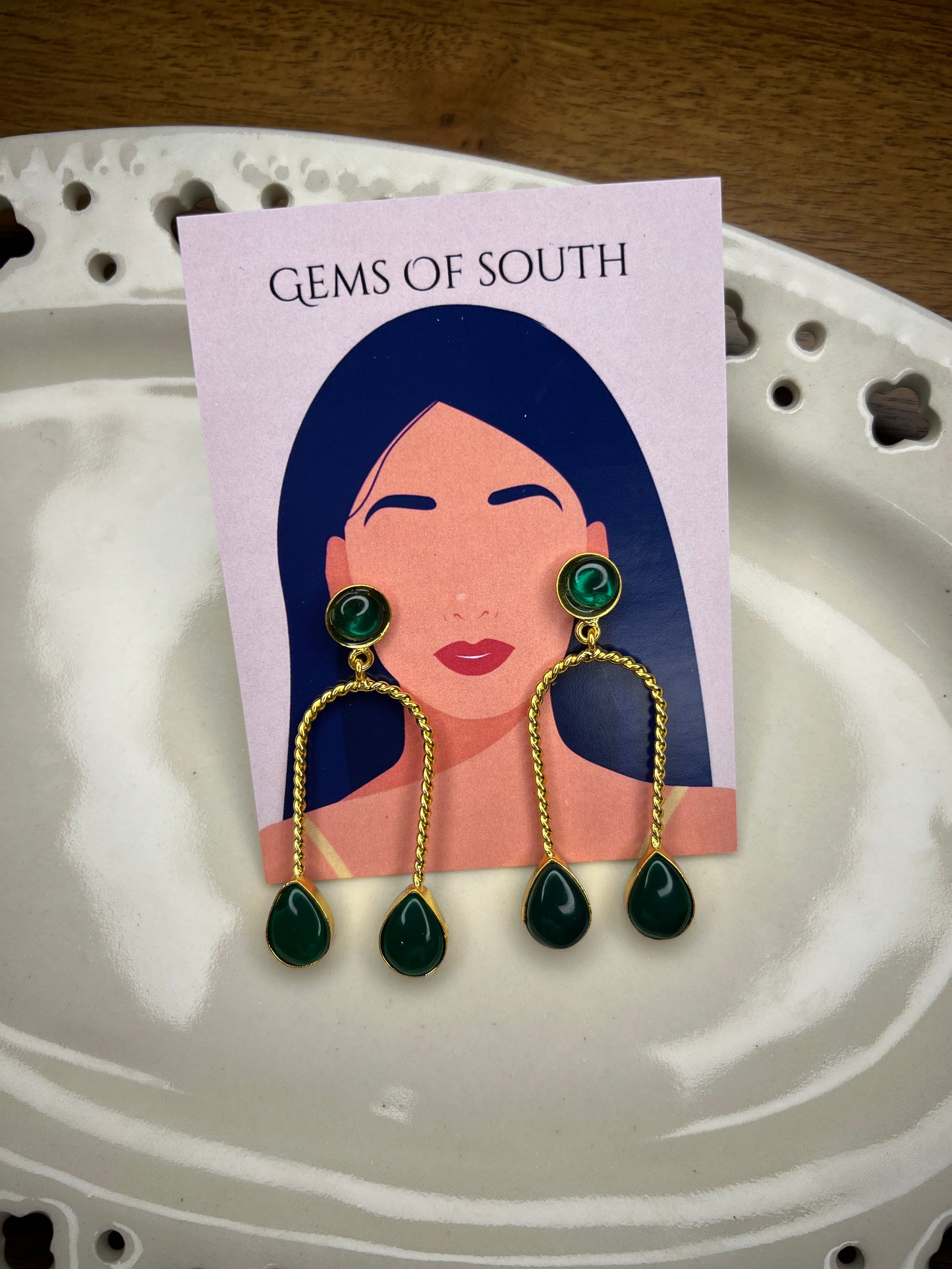 Gold Plated Green Stone Statement Earring