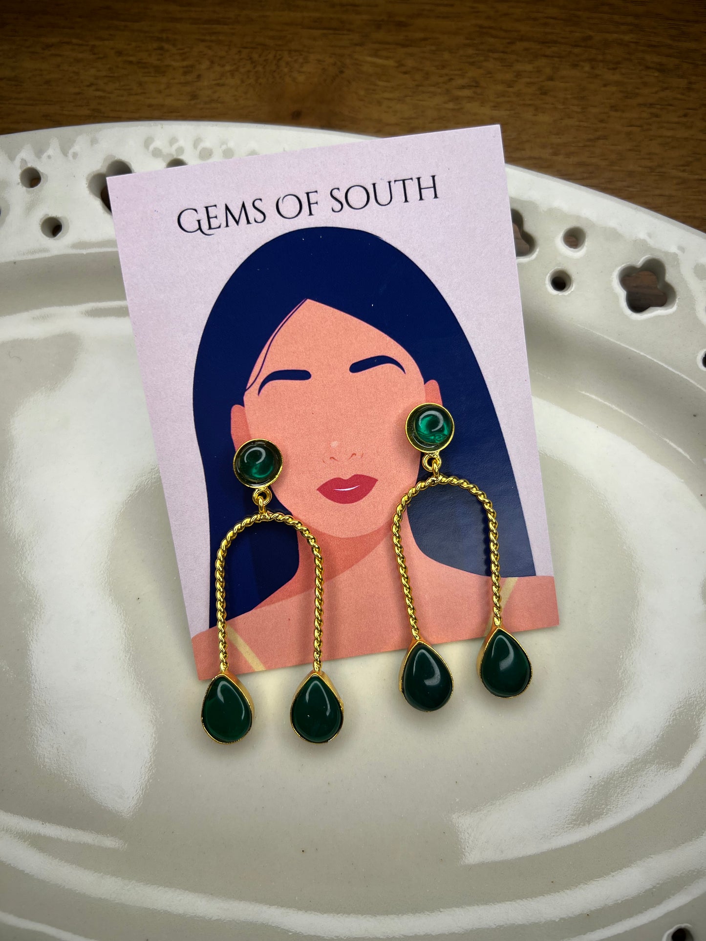 Gold Plated Green Stone Statement Earring
