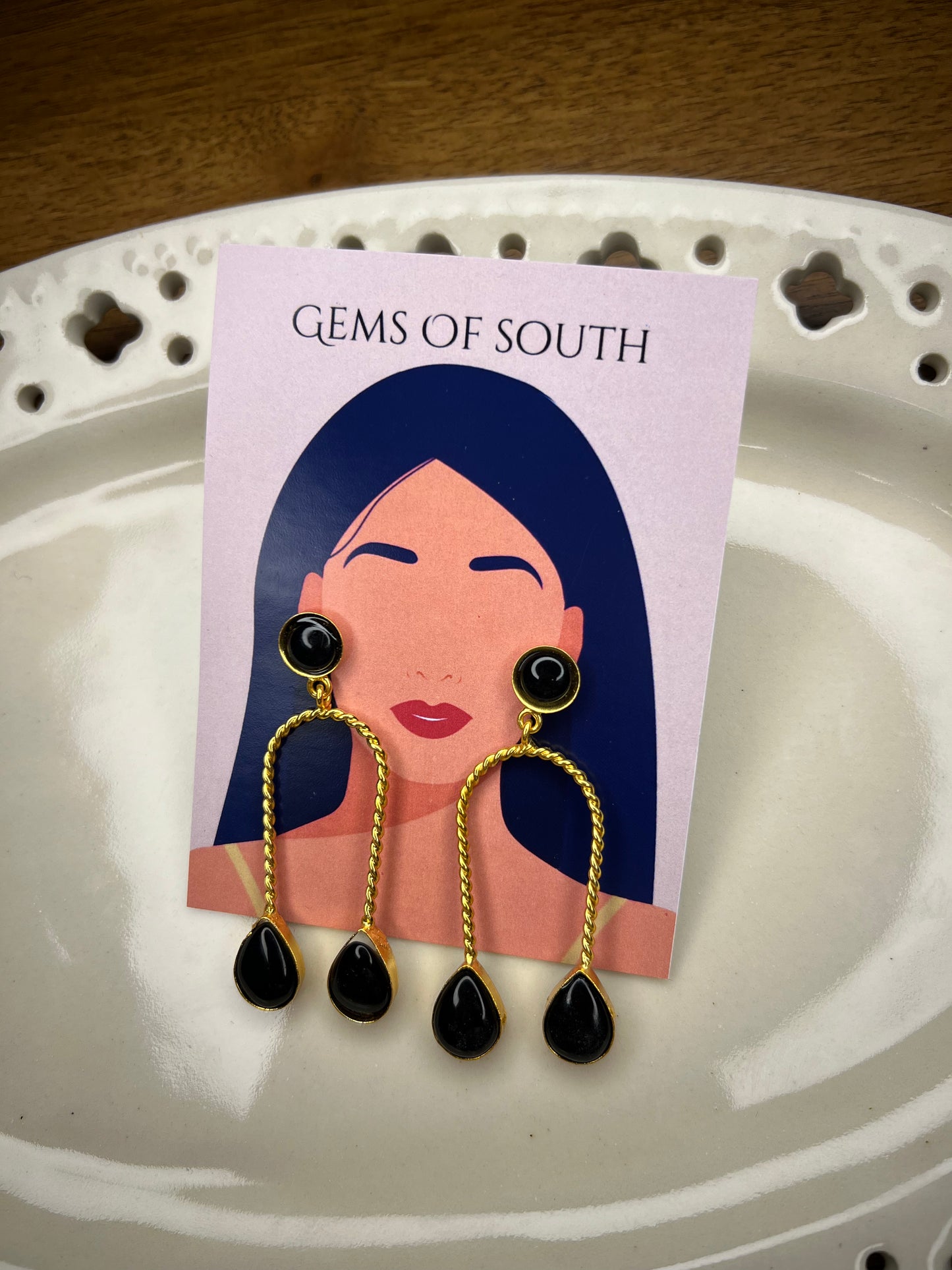 Gold Plated Black Stone Statement Earring