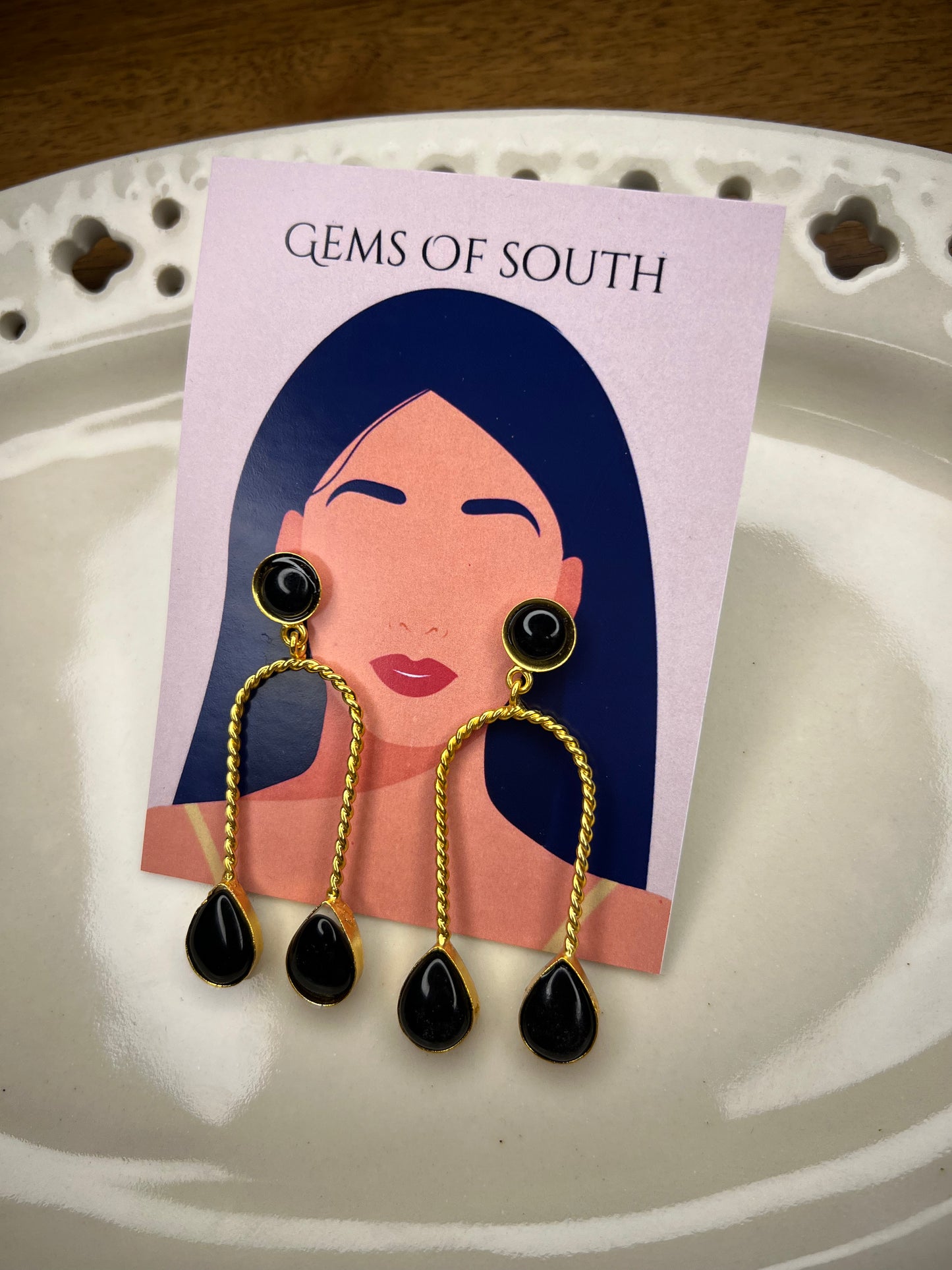 Gold Plated Black Stone Statement Earring