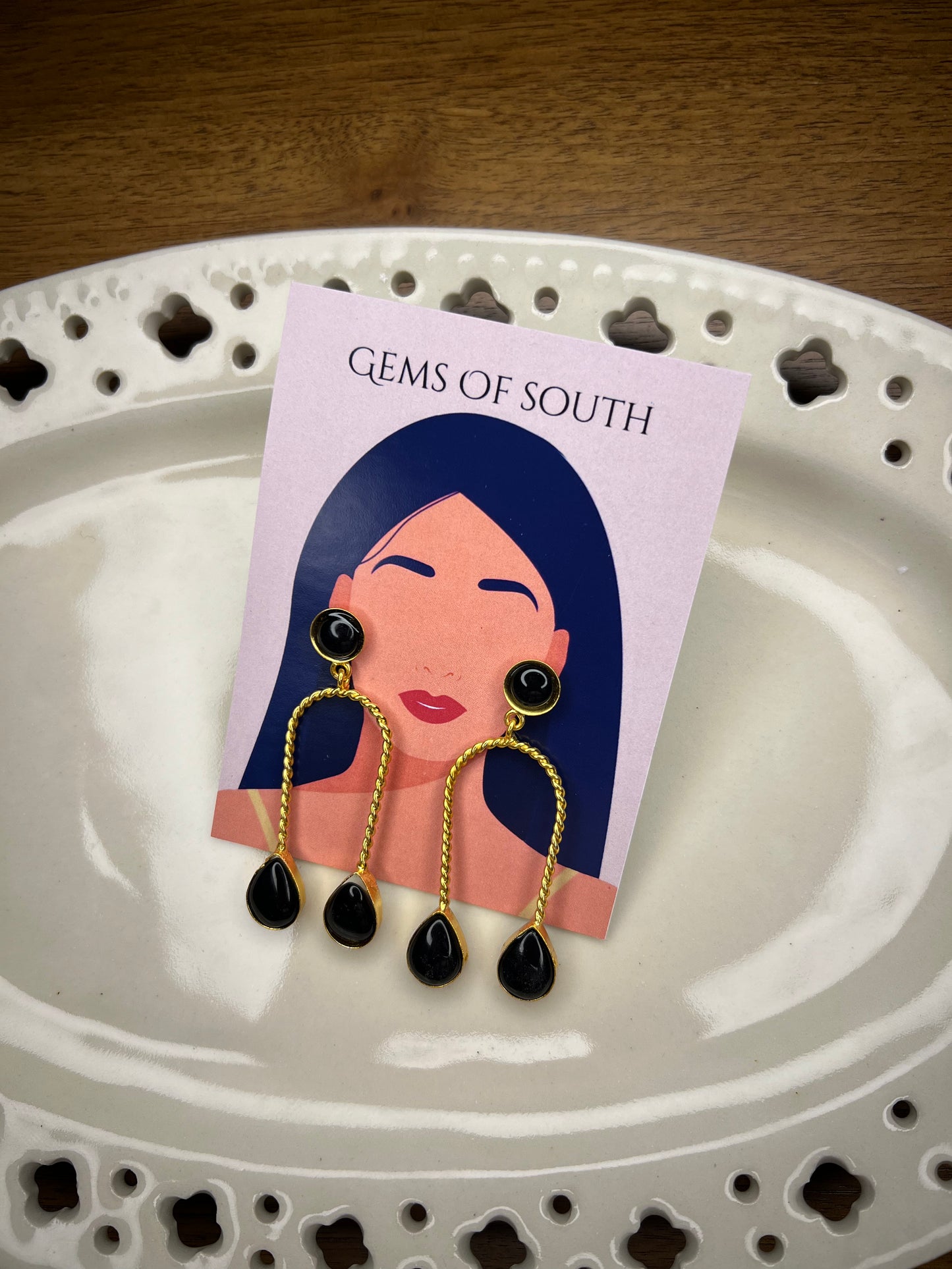 Gold Plated Black Stone Statement Earring