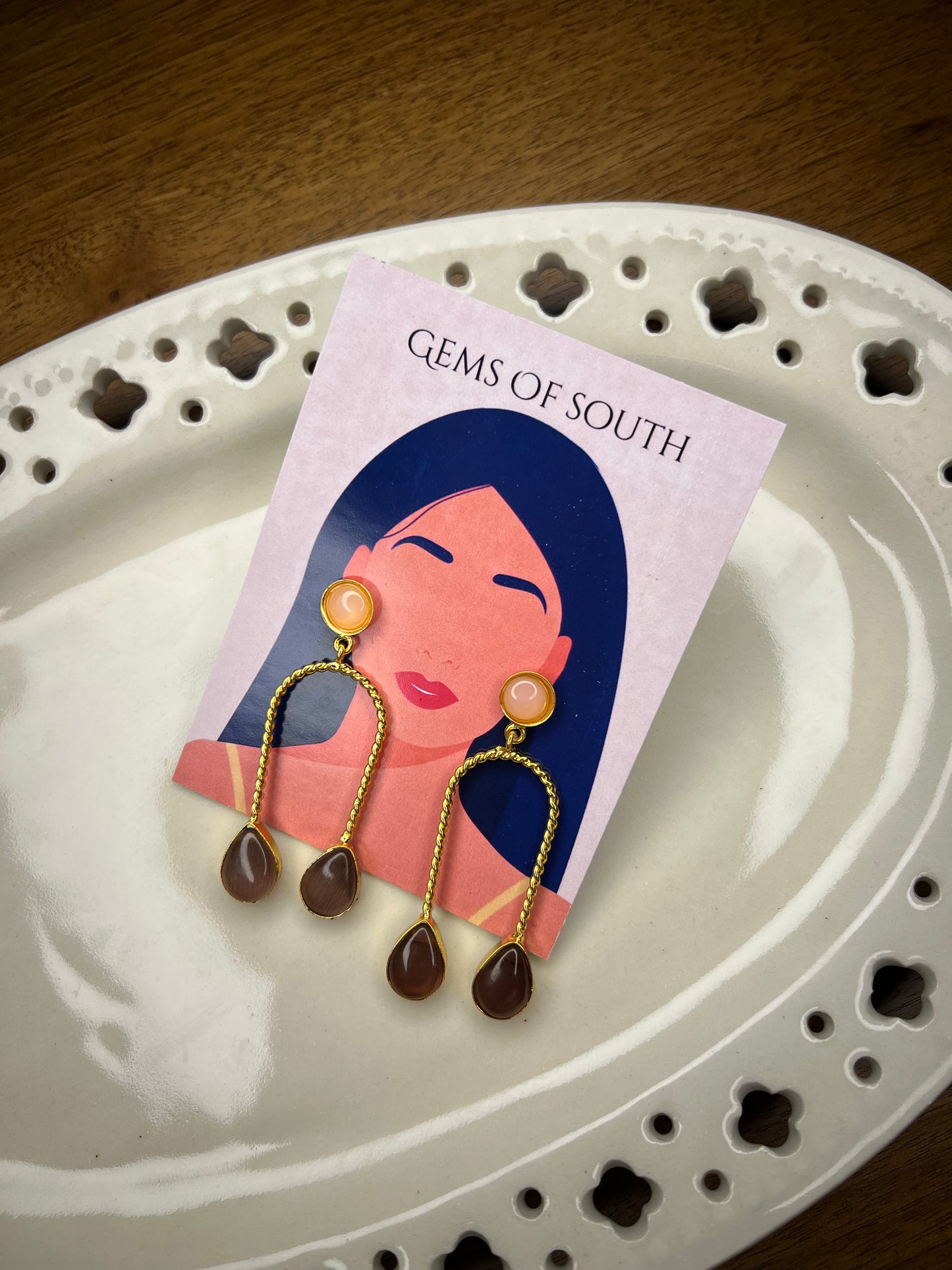 Gold Plated Brown Stone Statement Earring