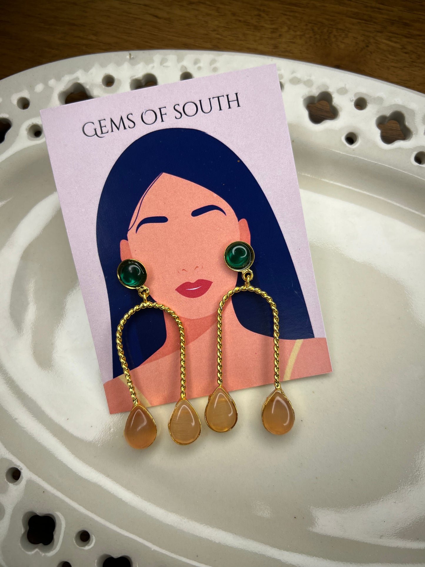 Gold Plated Green Stone Statement Earring