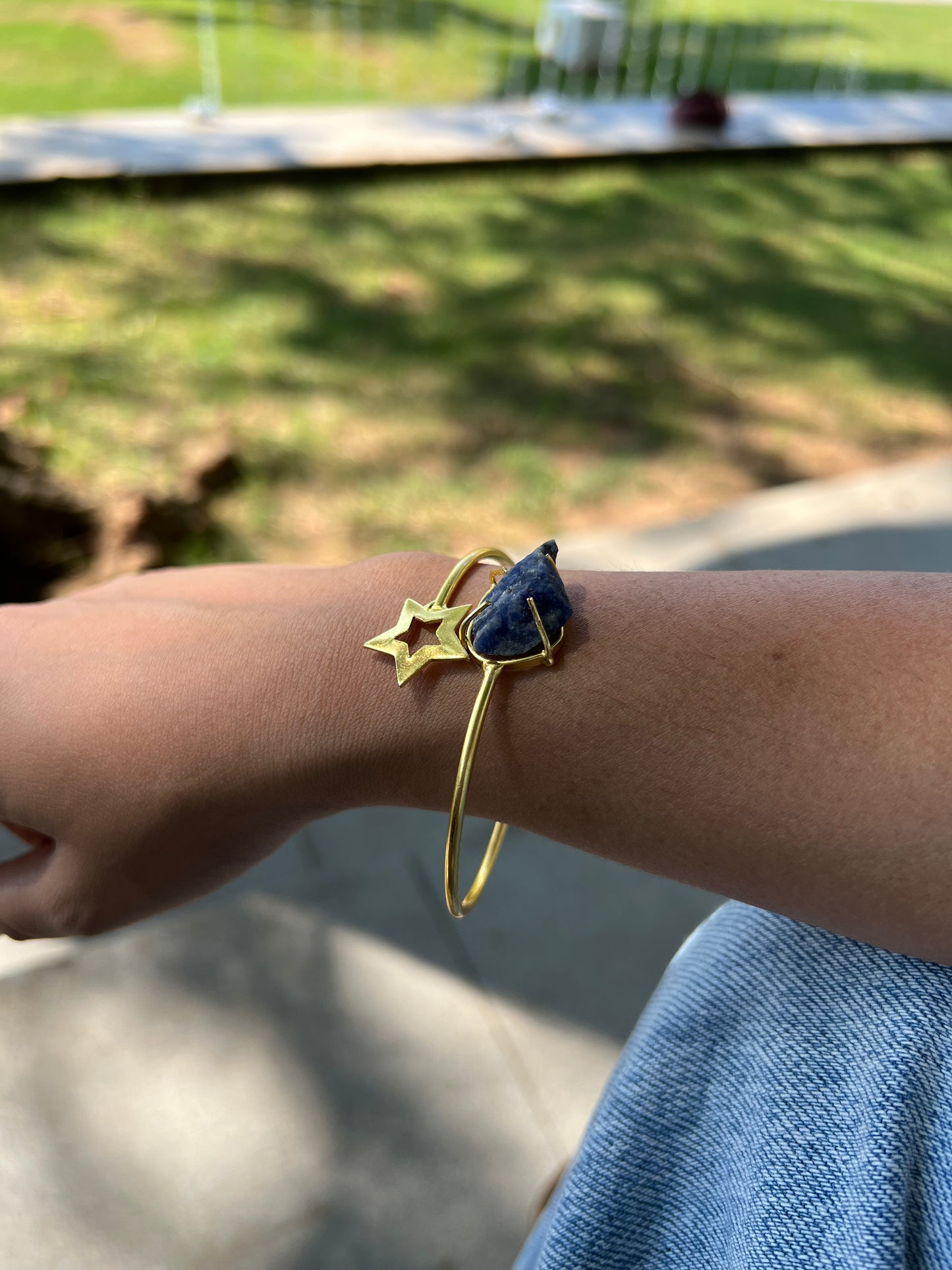 Gold Plated Raw Stone and Star Bangle