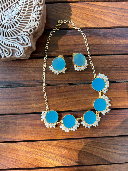 Gold Plated Raw Stone Moon and Pearls Necklace with Earring