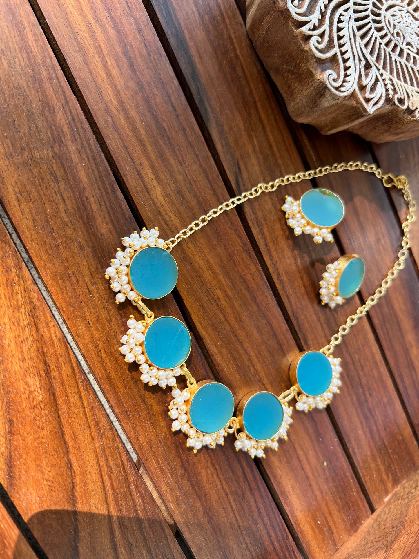 Gold Plated Raw Stone Moon and Pearls Necklace with Earring