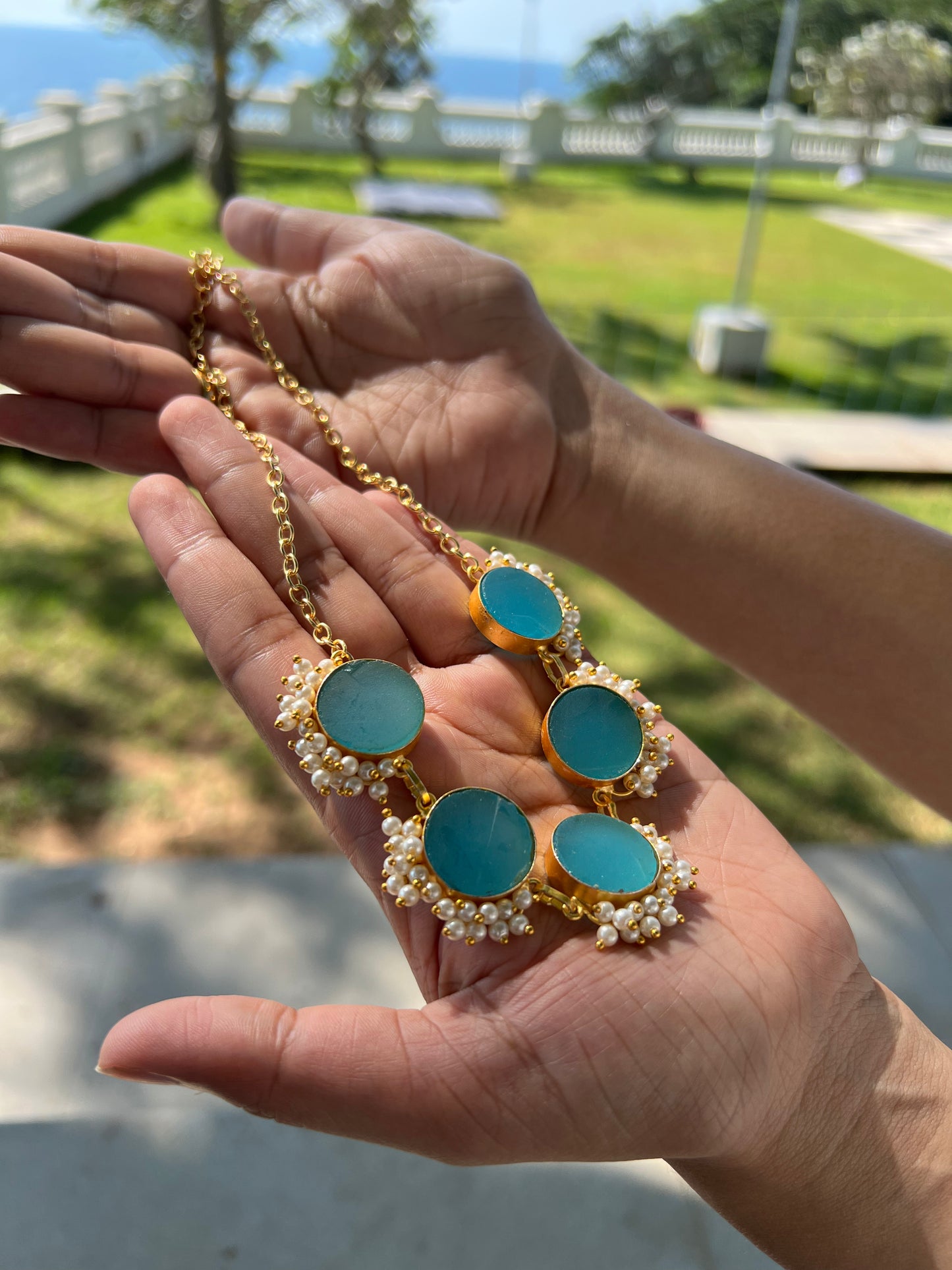 Gold Plated Raw Stone Moon and Pearls Necklace with Earring