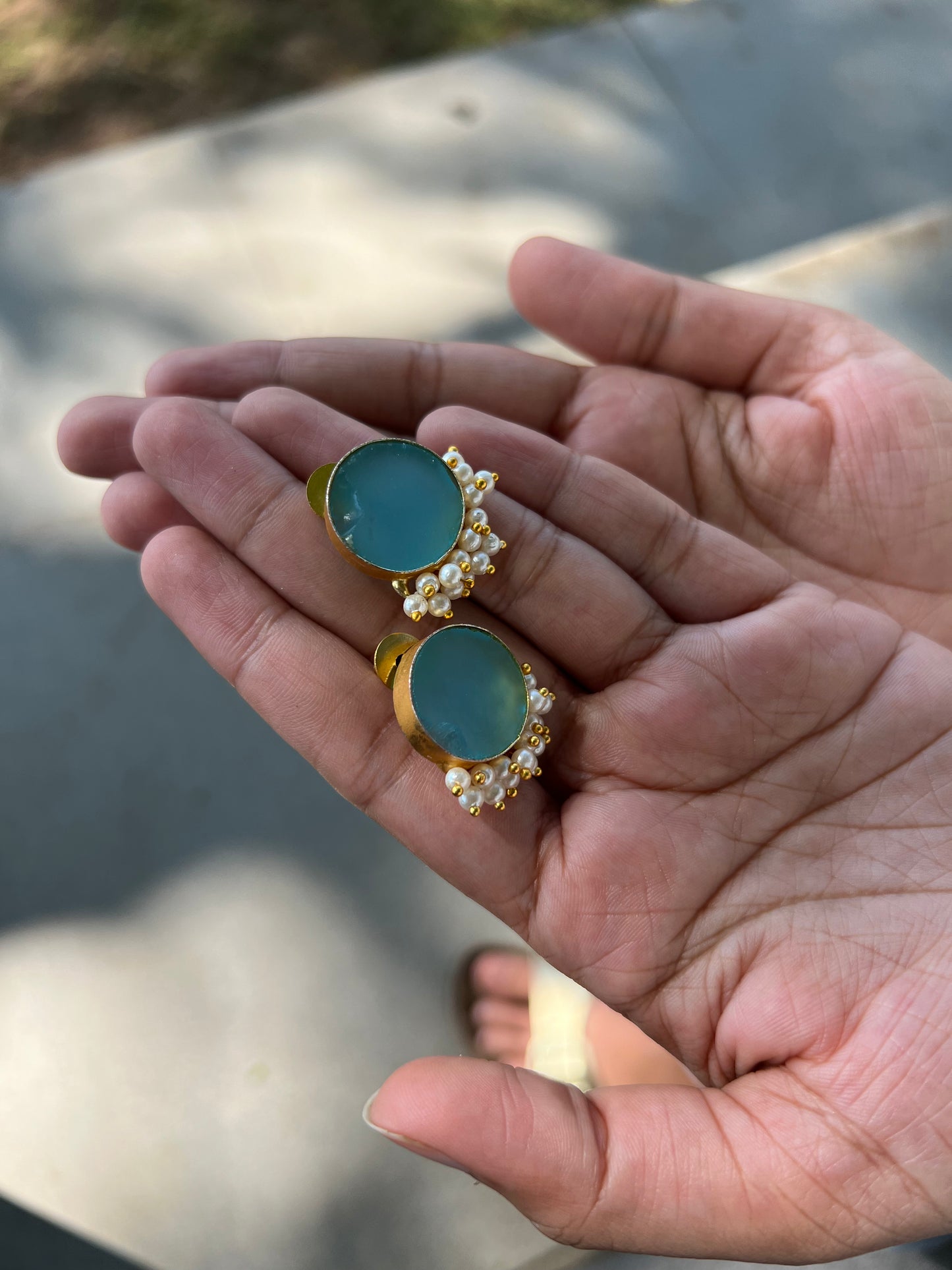 Gold Plated Raw Stone Moon and Pearls Necklace with Earring