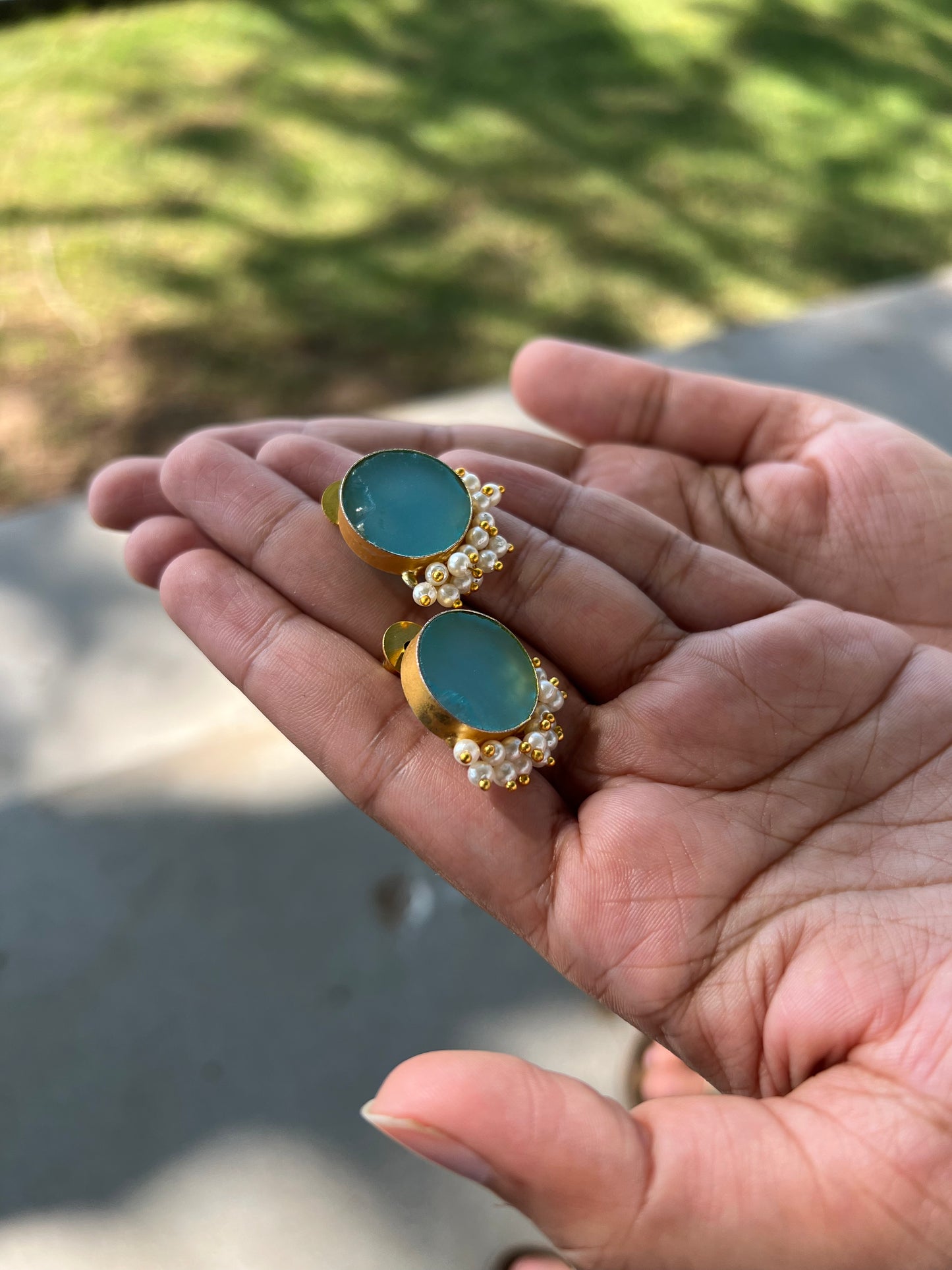 Gold Plated Raw Stone Moon and Pearls Necklace with Earring