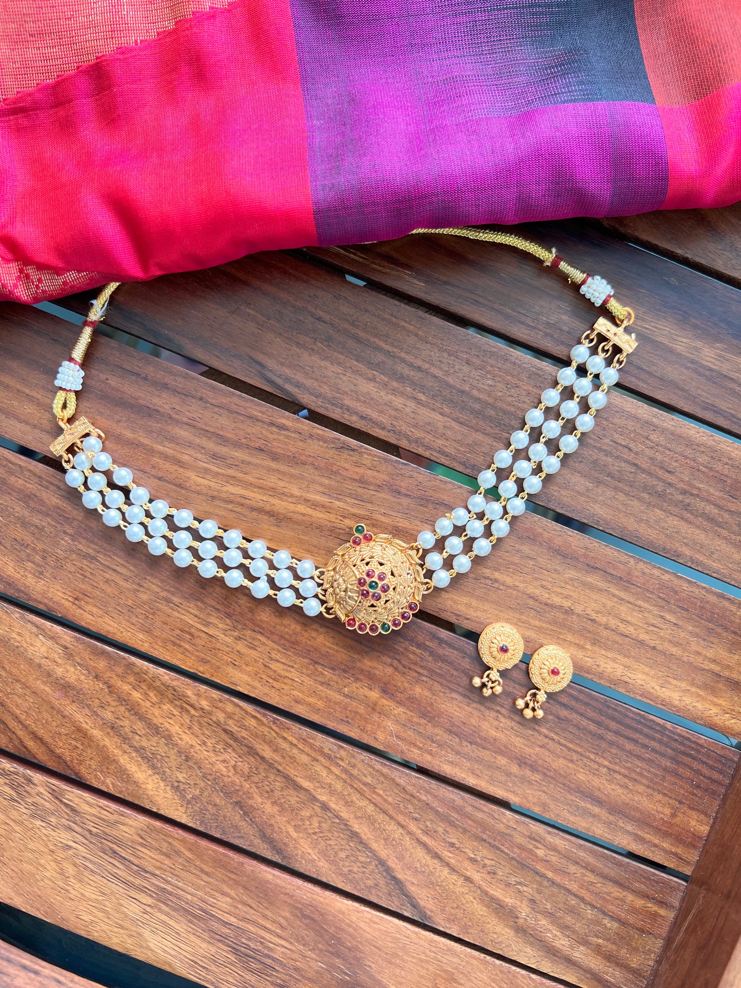 Three Layer Pearl Choker with Pendant Set