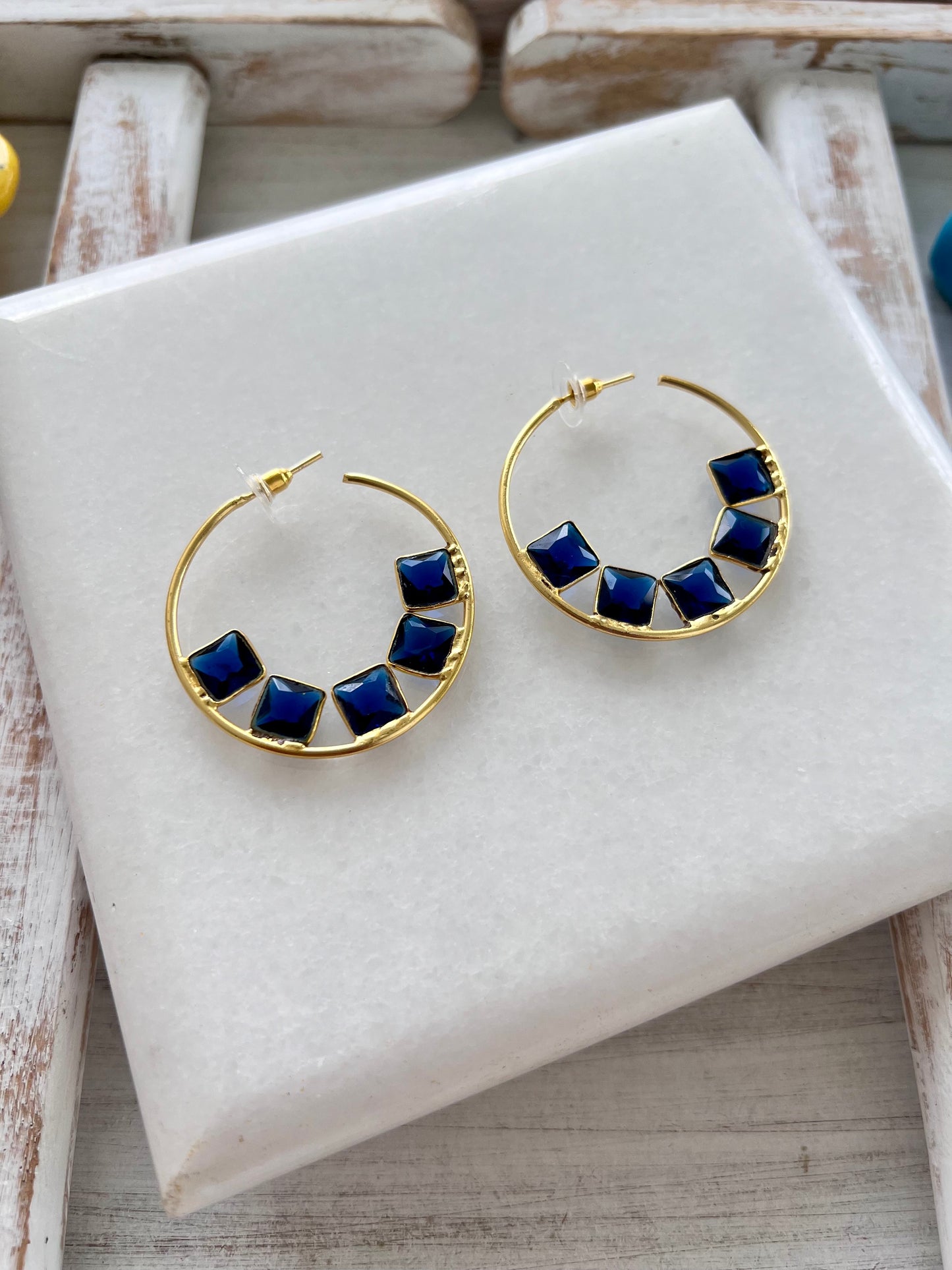 Gold Plated Blue Stone Hoop Earring