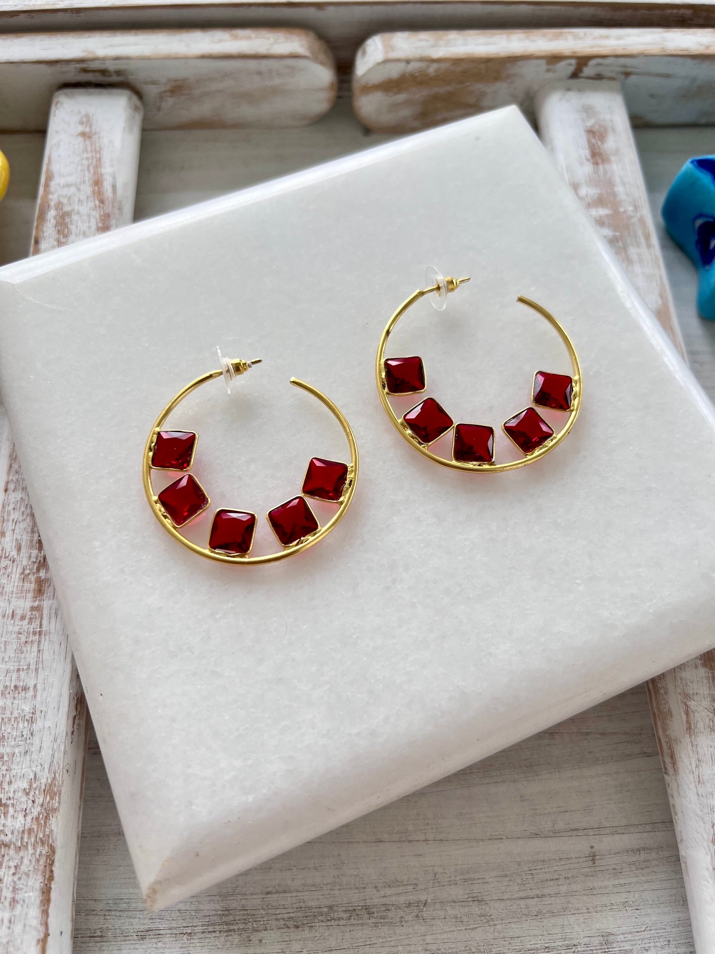 Gold Plated Maroon Stone Hoop Earring