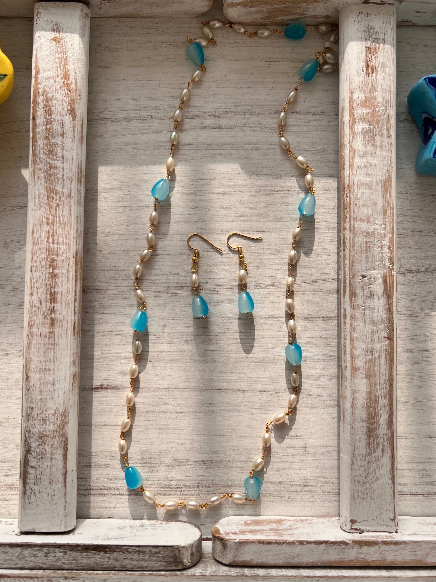 Monalisa Stone and Rice Pearl Necklace with Earring
