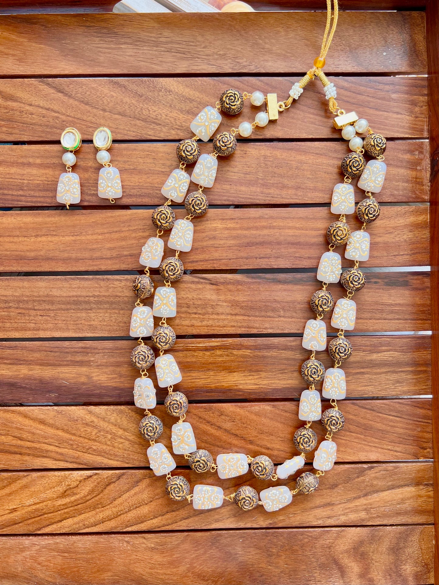 Stone and Metal Pearl Necklace with Earring