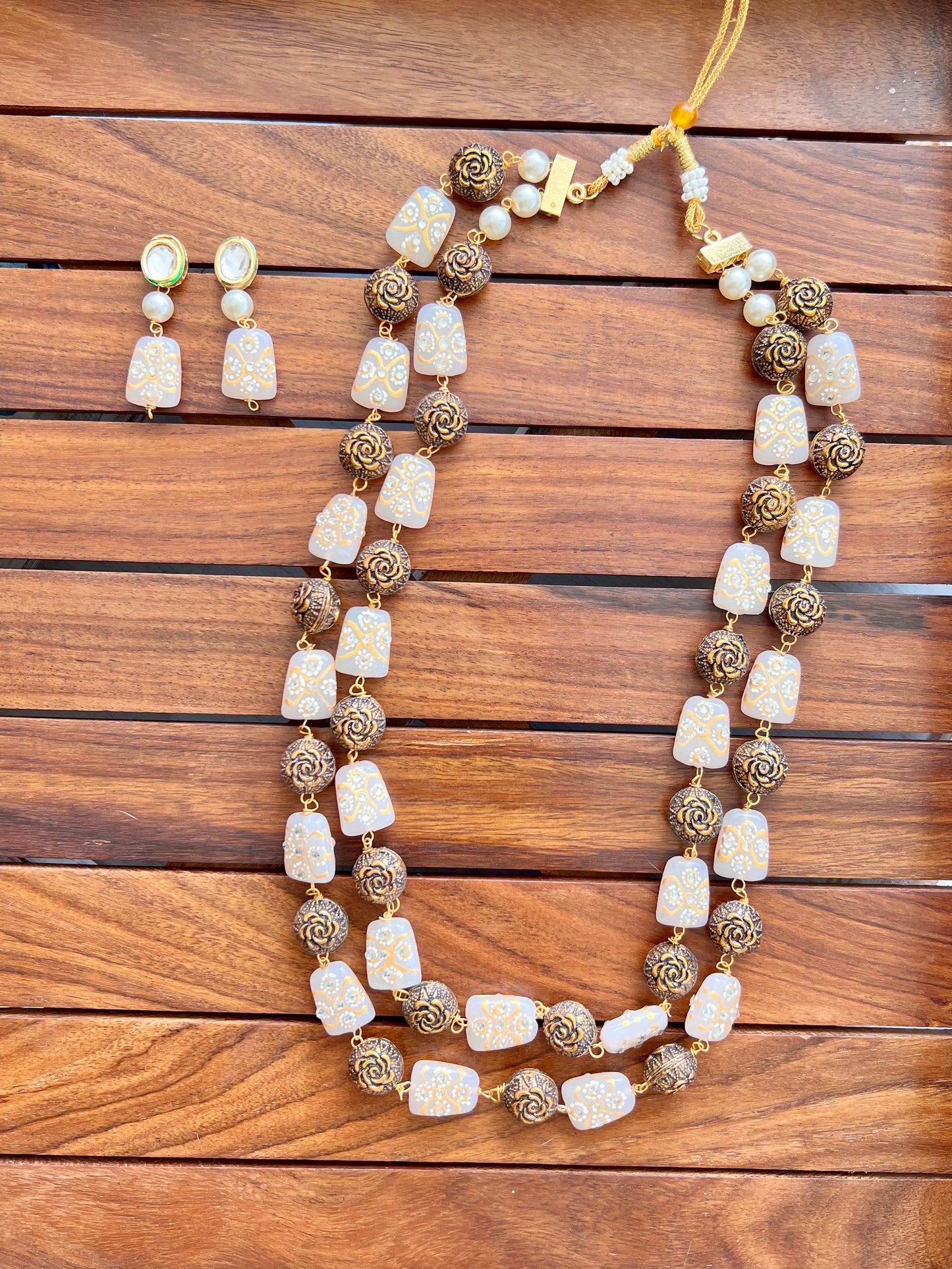 Stone and Metal Pearl Necklace with Earring