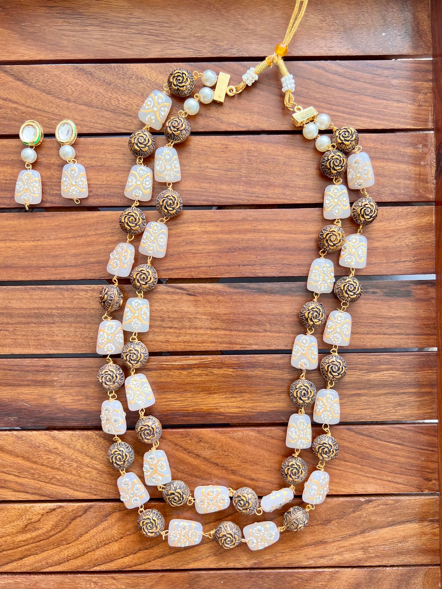 Stone and Metal Pearl Necklace with Earring