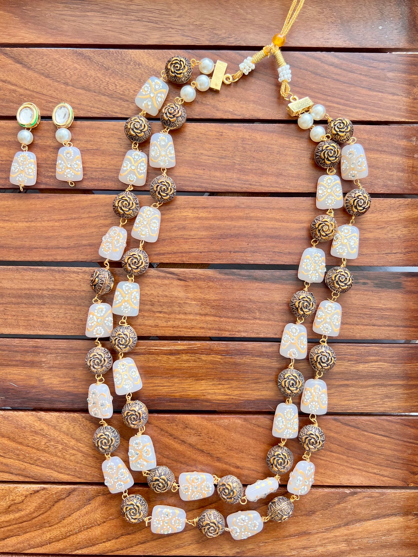 Stone and Metal Pearl Necklace with Earring