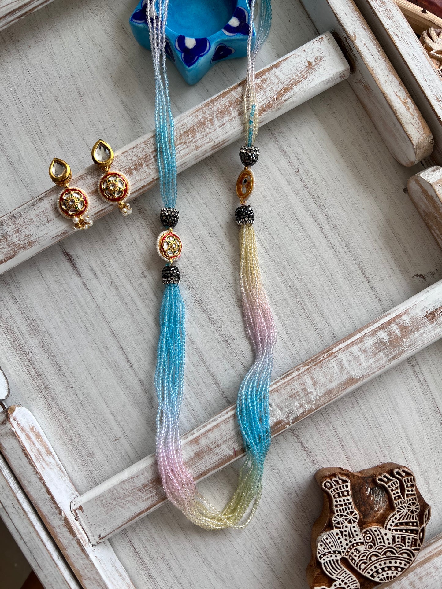 Double Color Long Bead Necklace with Earring
