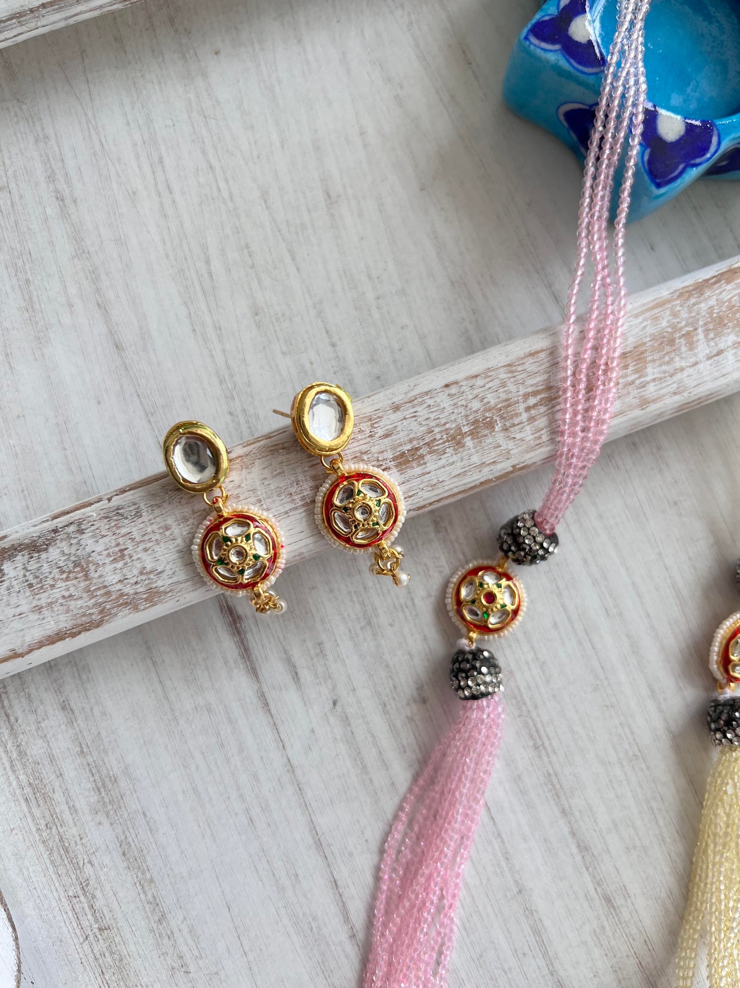 Double Color Long Bead Necklace with Earring