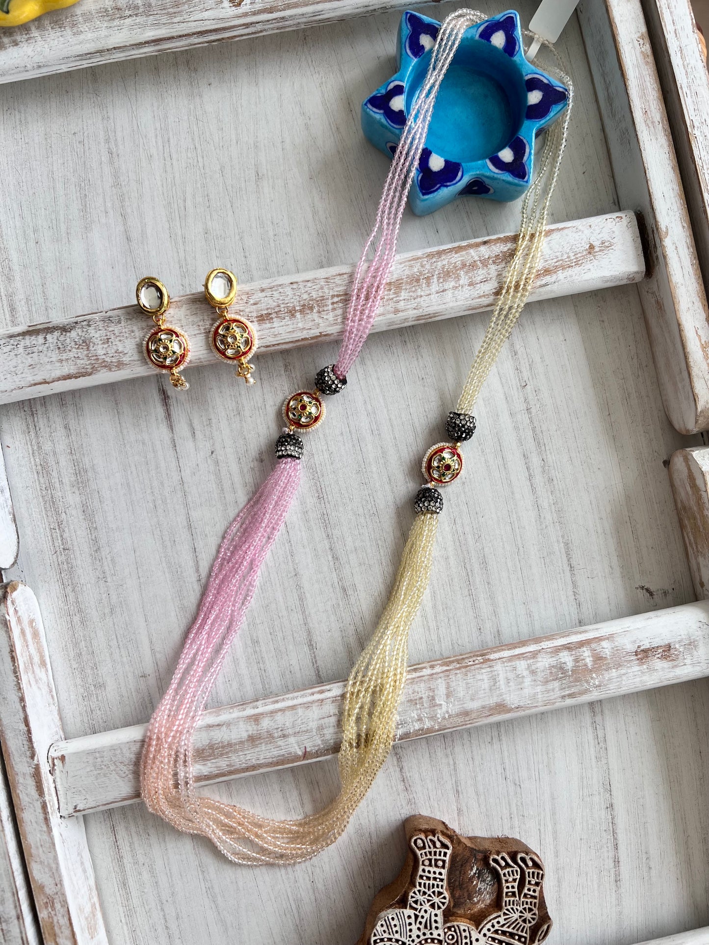 Double Color Long Bead Necklace with Earring