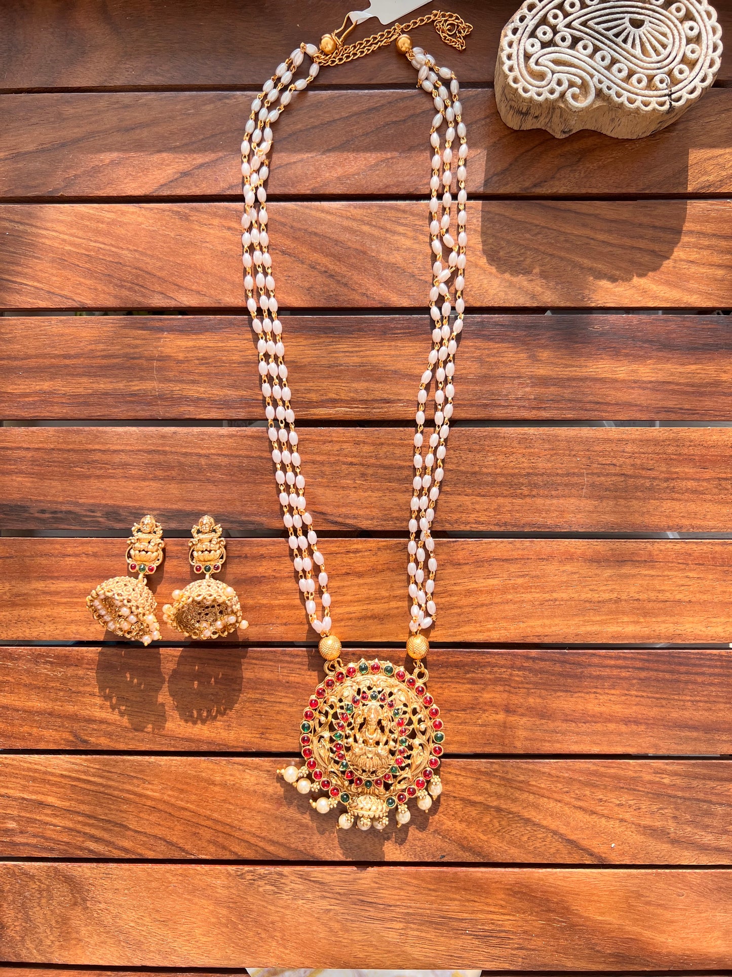 Gold Plated Rice Pearl Necklace with Earring