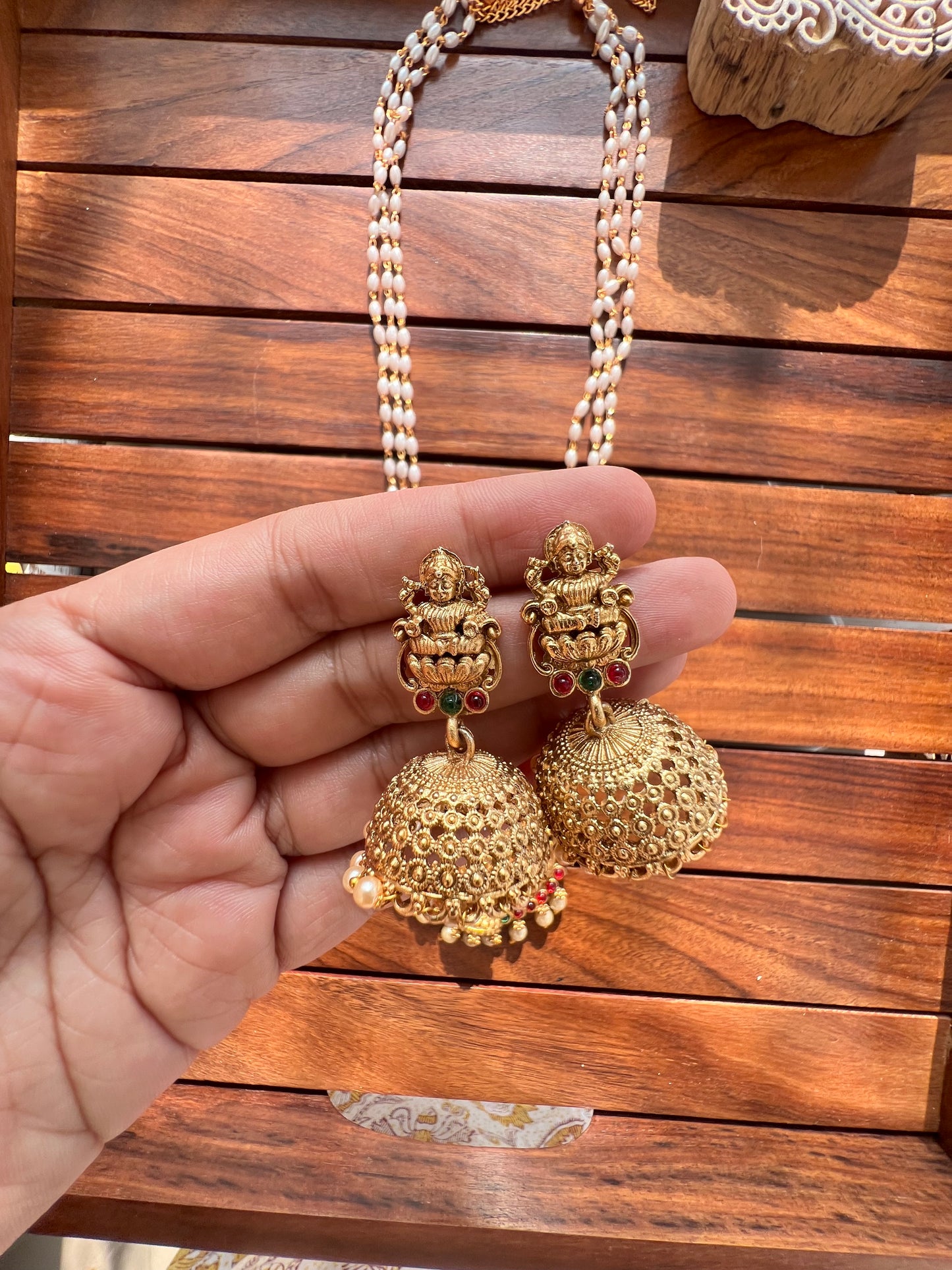 Gold Plated Rice Pearl Necklace with Earring