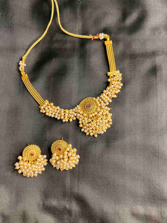 Gold Plated Cluster Pearl Necklace with Earring