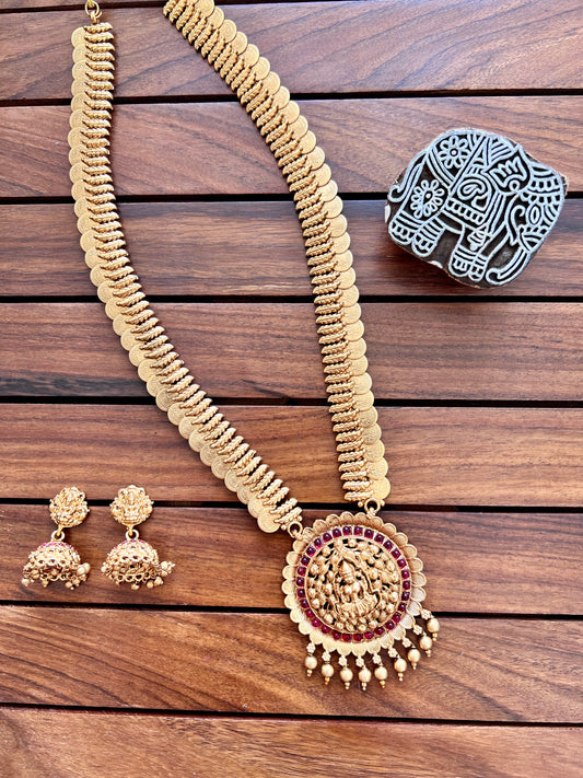 Gold Plated Temple Design Kasu Necklace with Earring