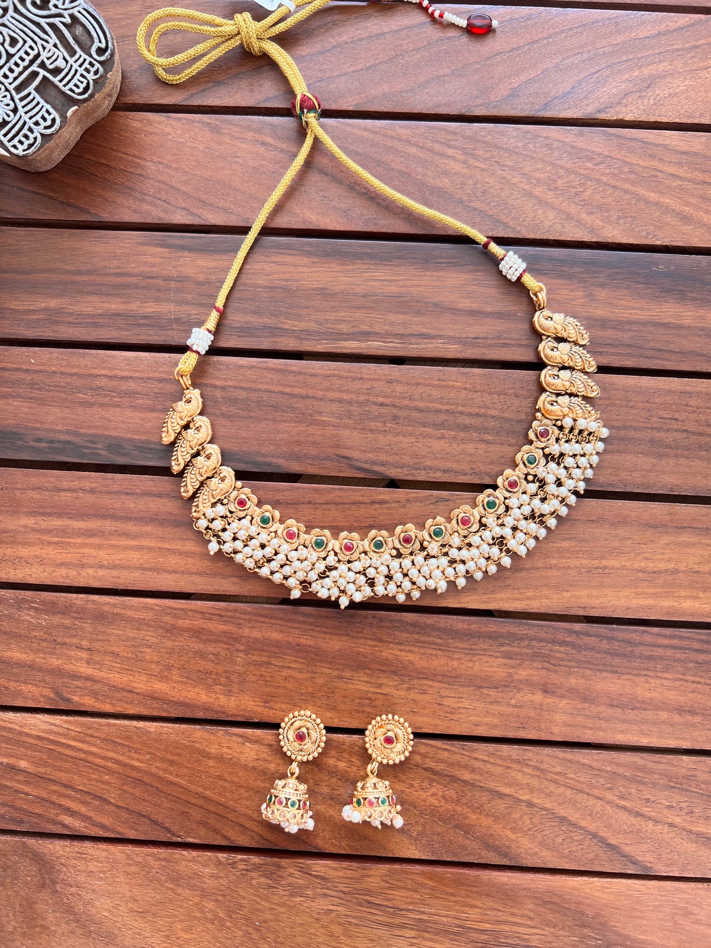 Gold Plated Cluster Pearl Necklace with Earring