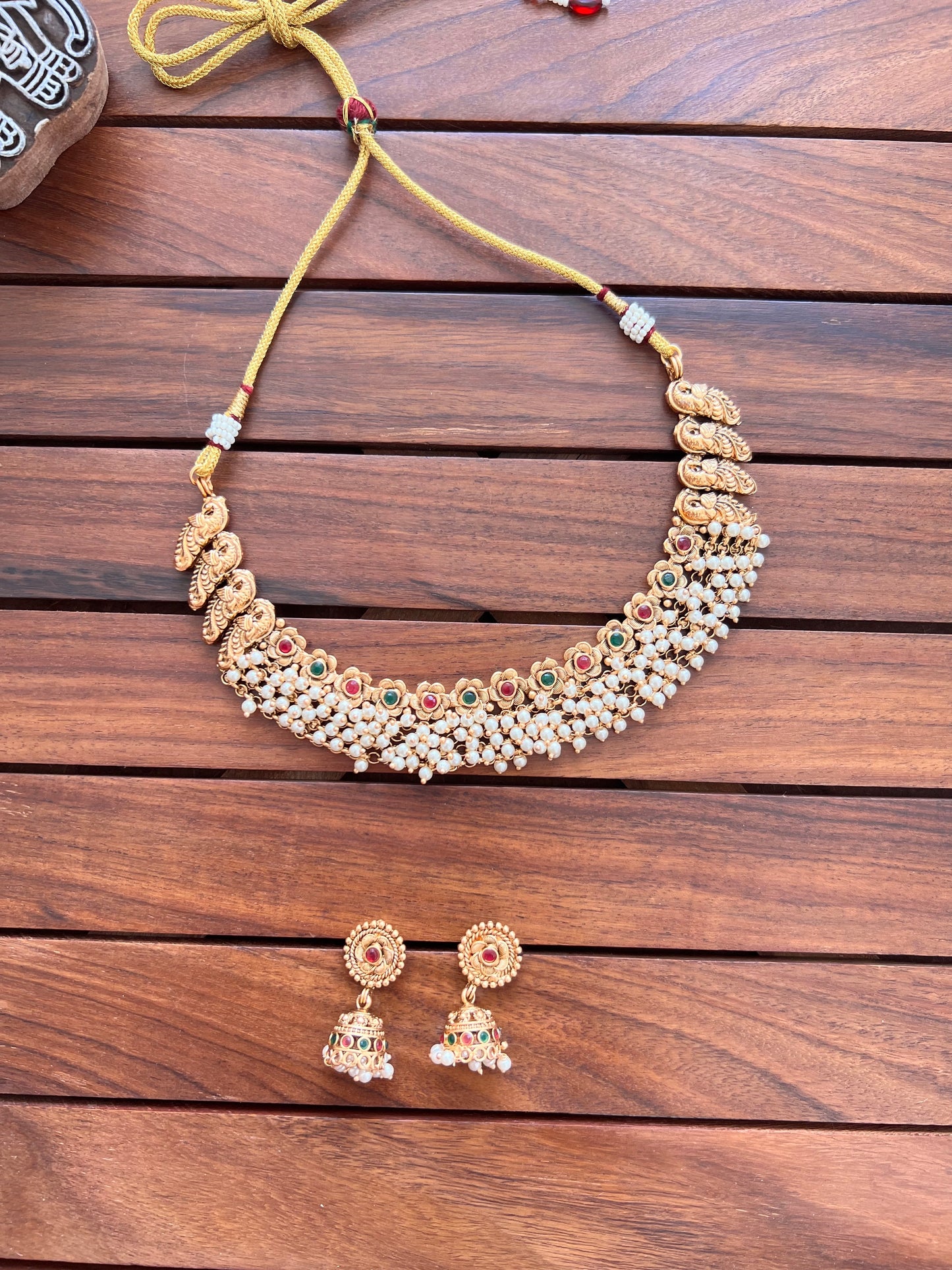 Gold Plated Cluster Pearl Necklace with Earring