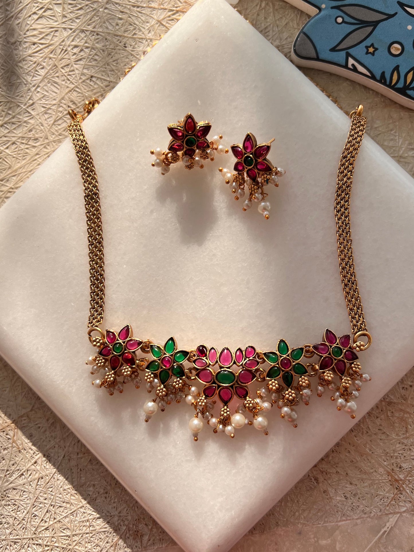 Gold Plated Ruby Emerald Choker Set