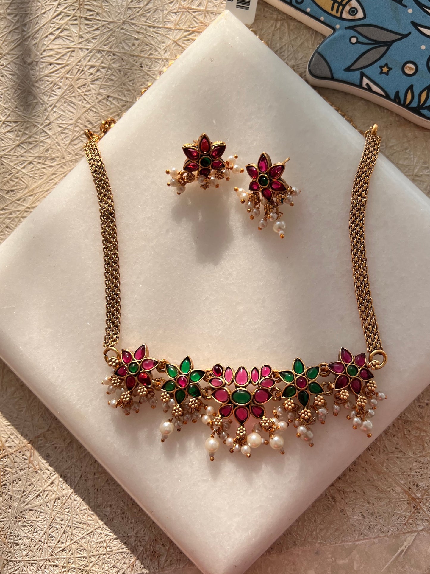 Gold Plated Ruby Emerald Choker Set