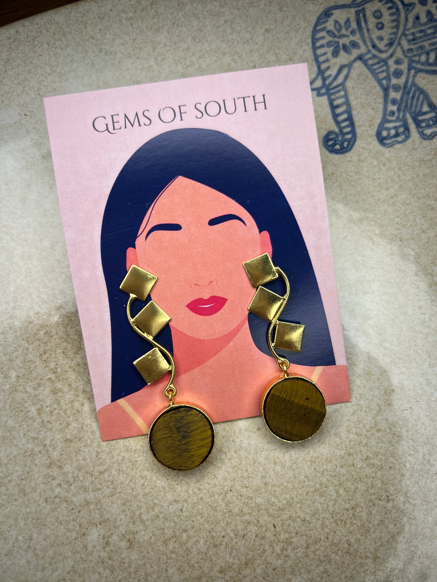 Gold Plated Brown Raw Stone Statement Earring