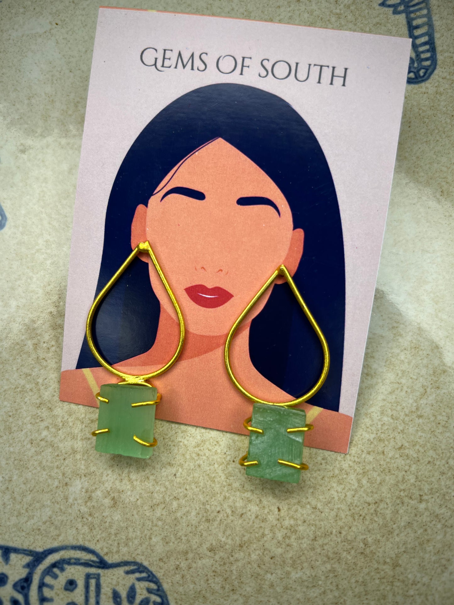 Gold Plated Green Raw Stone Statement Earring