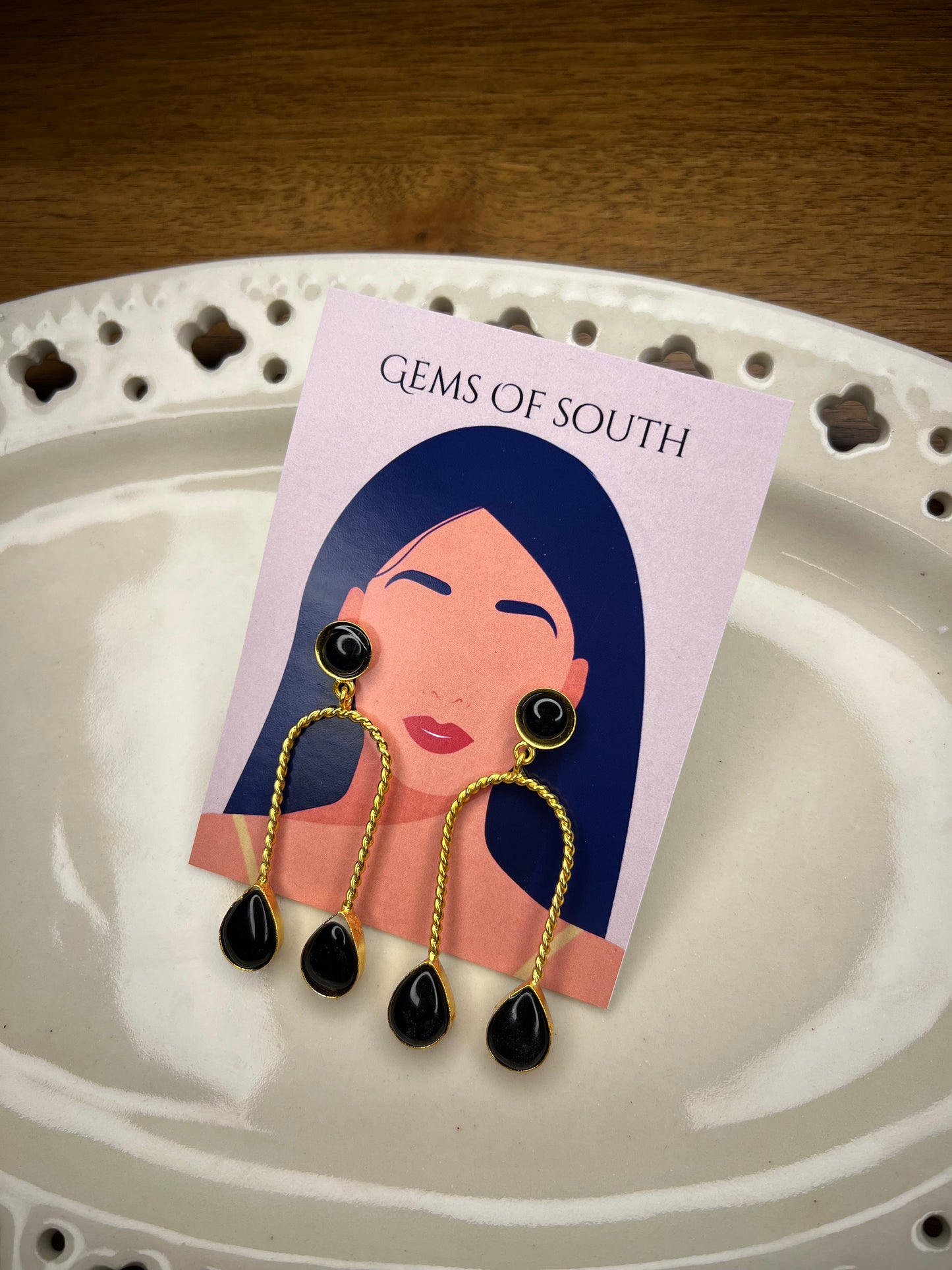 Gold Plated Black Stone Statement Earring