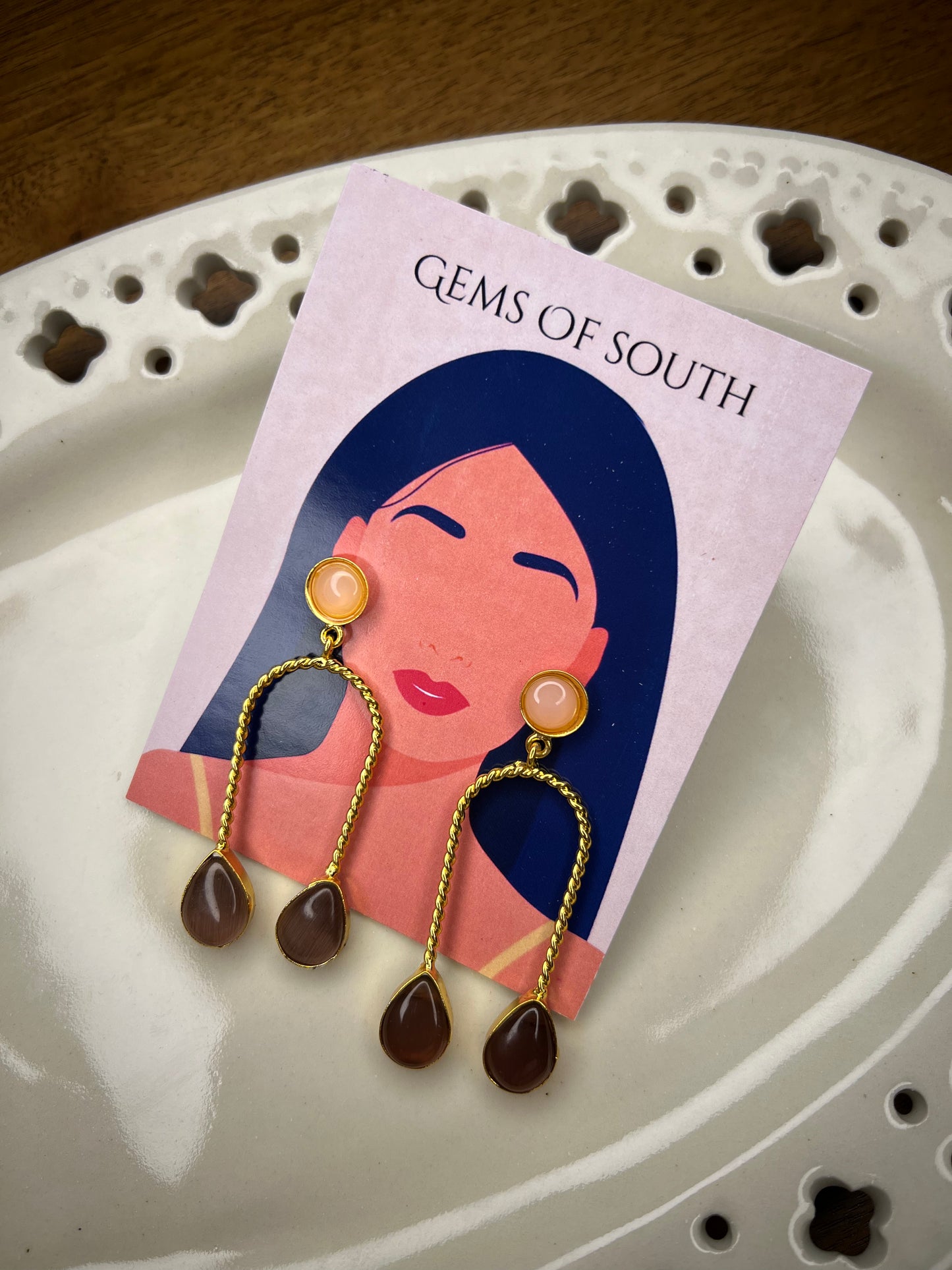Gold Plated Brown Stone Statement Earring