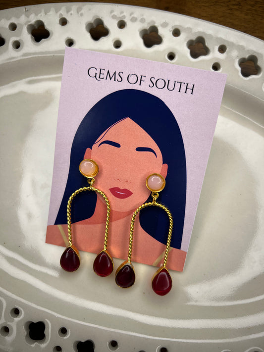Gold Plated Maroon Stone Statement Earring
