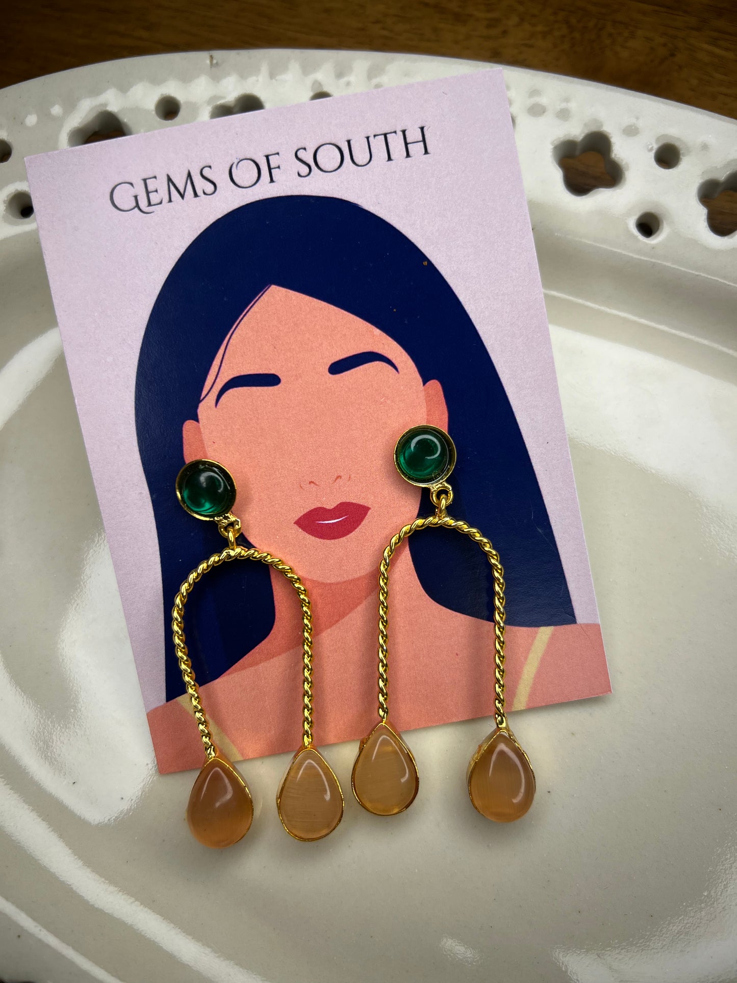 Gold Plated Green Stone Statement Earring
