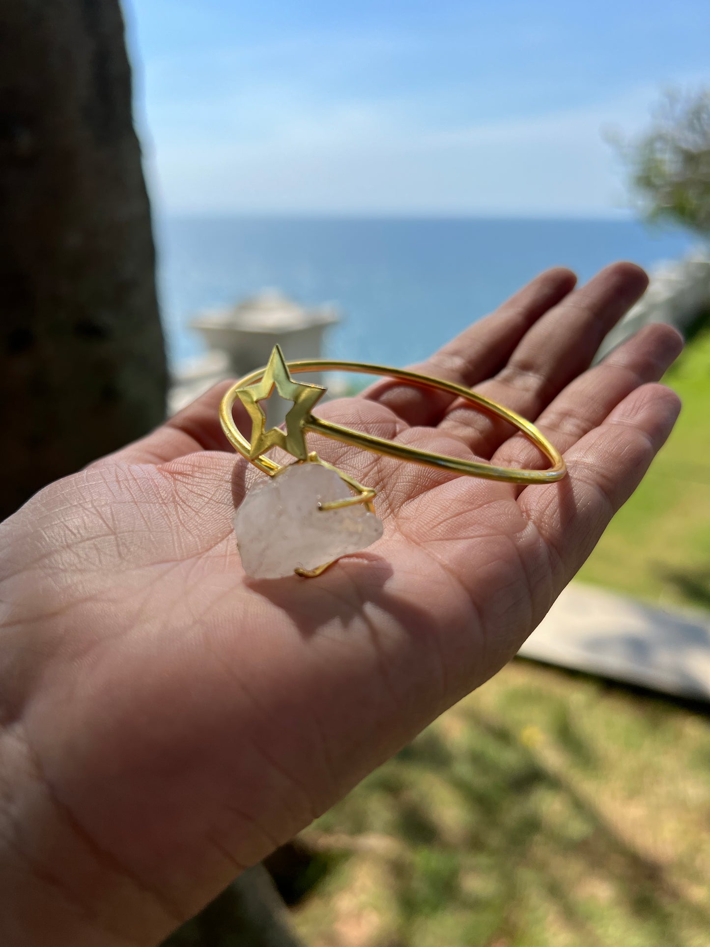 Gold Plated White Raw Stone Bangle