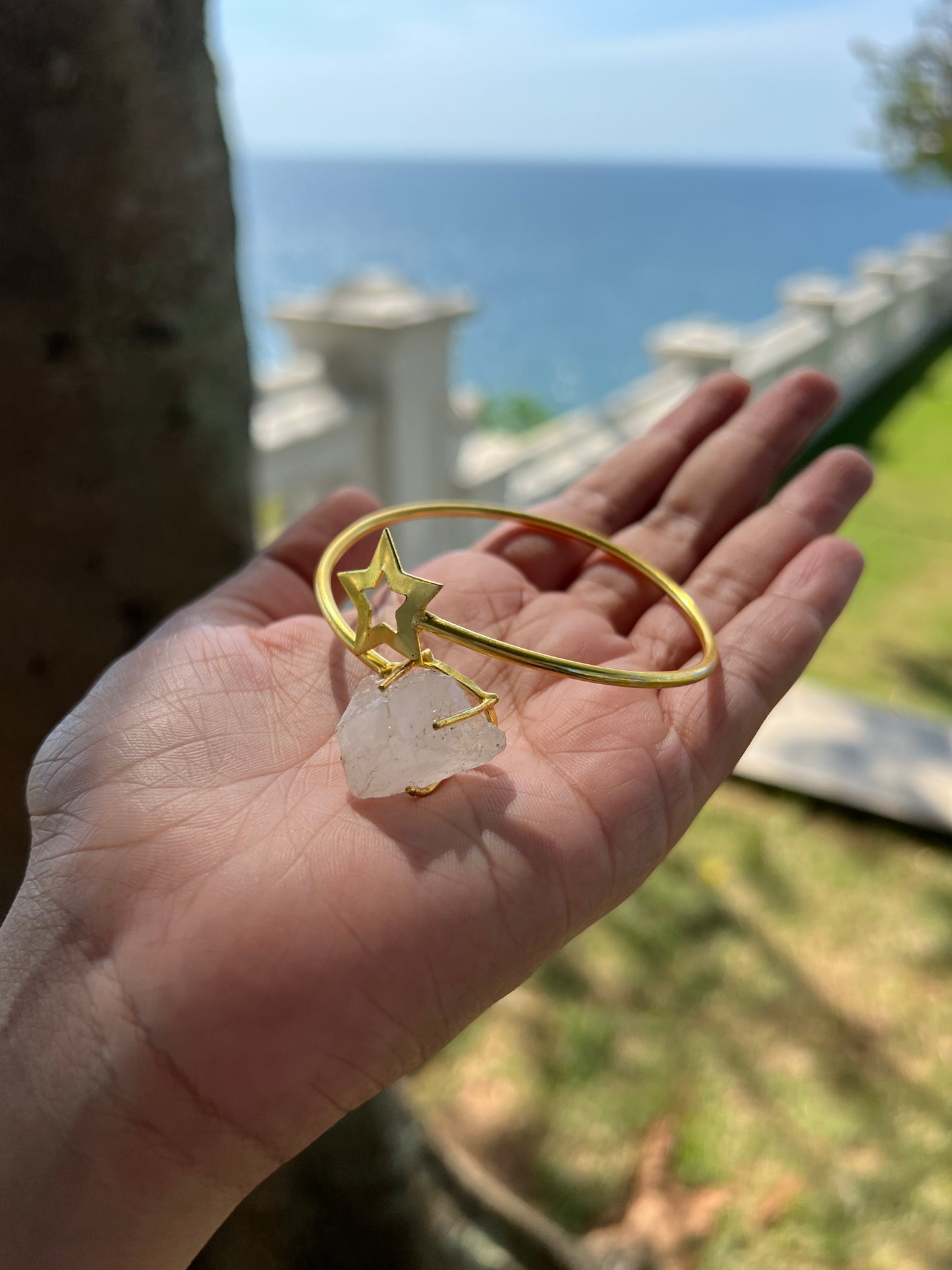 Gold Plated White Raw Stone Bangle