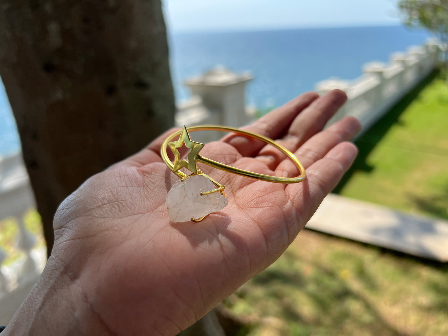 Gold Plated White Raw Stone Bangle