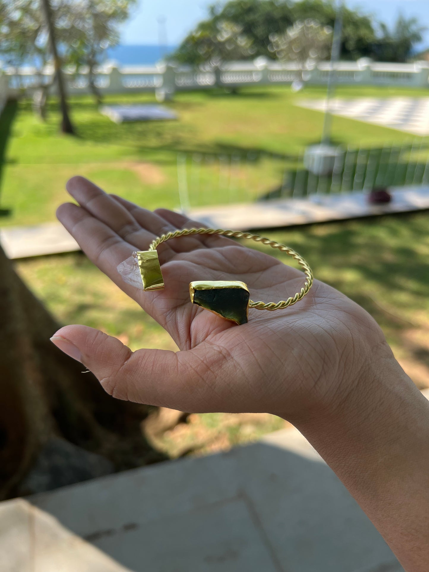 Gold Plated Double Raw Stone Bangle