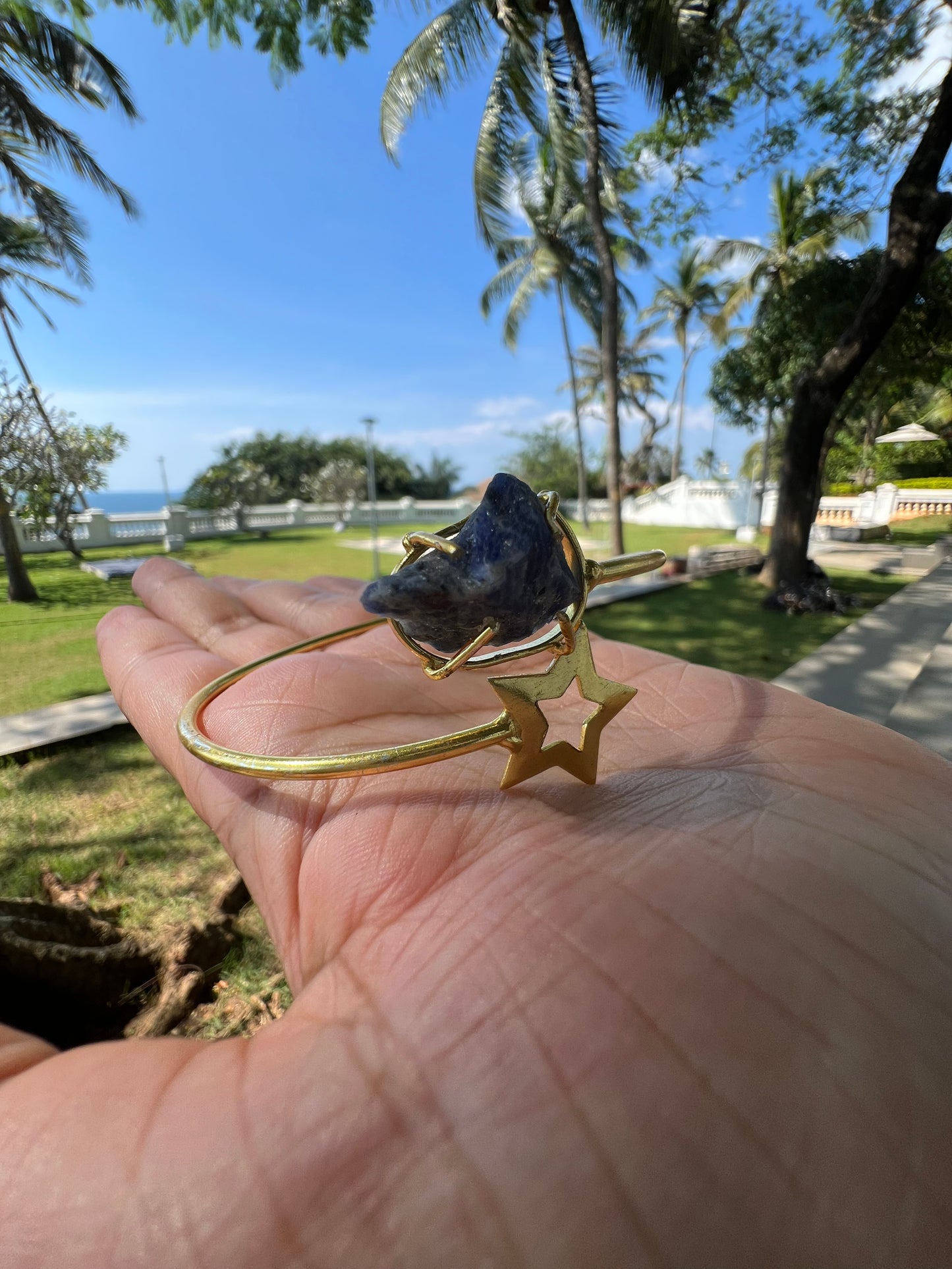 Gold Plated Raw Stone and Star Bangle