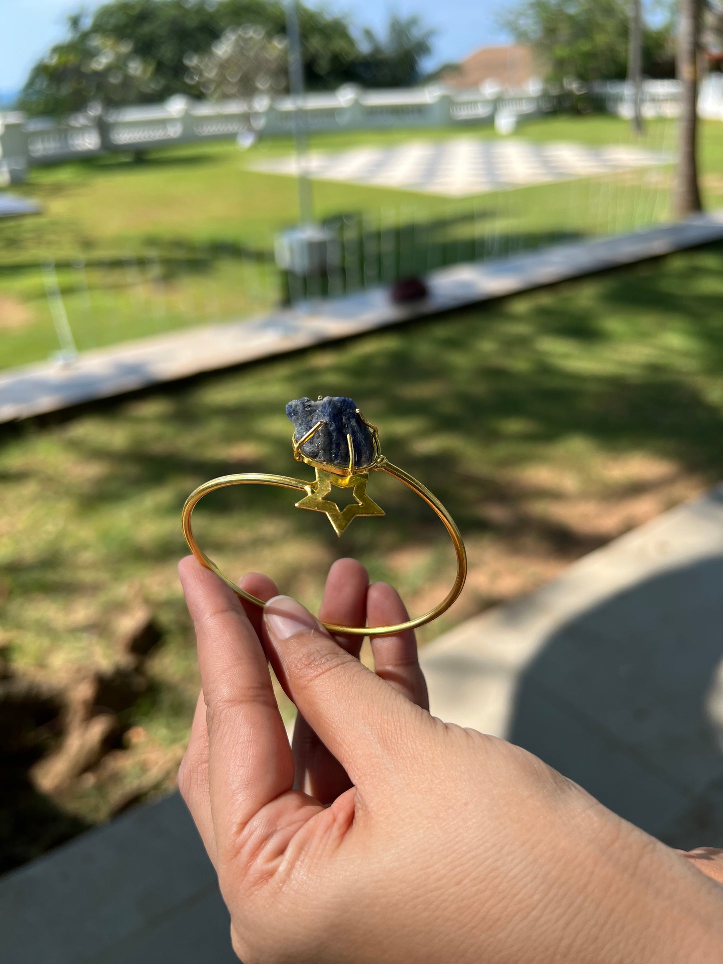 Gold Plated Raw Stone and Star Bangle