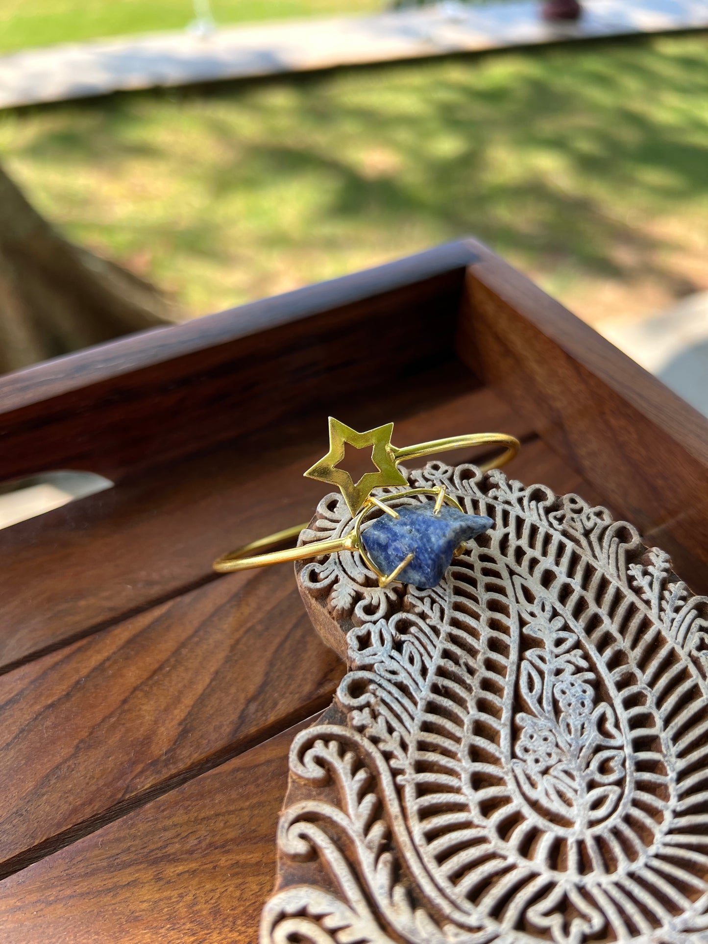 Gold Plated Raw Stone and Star Bangle