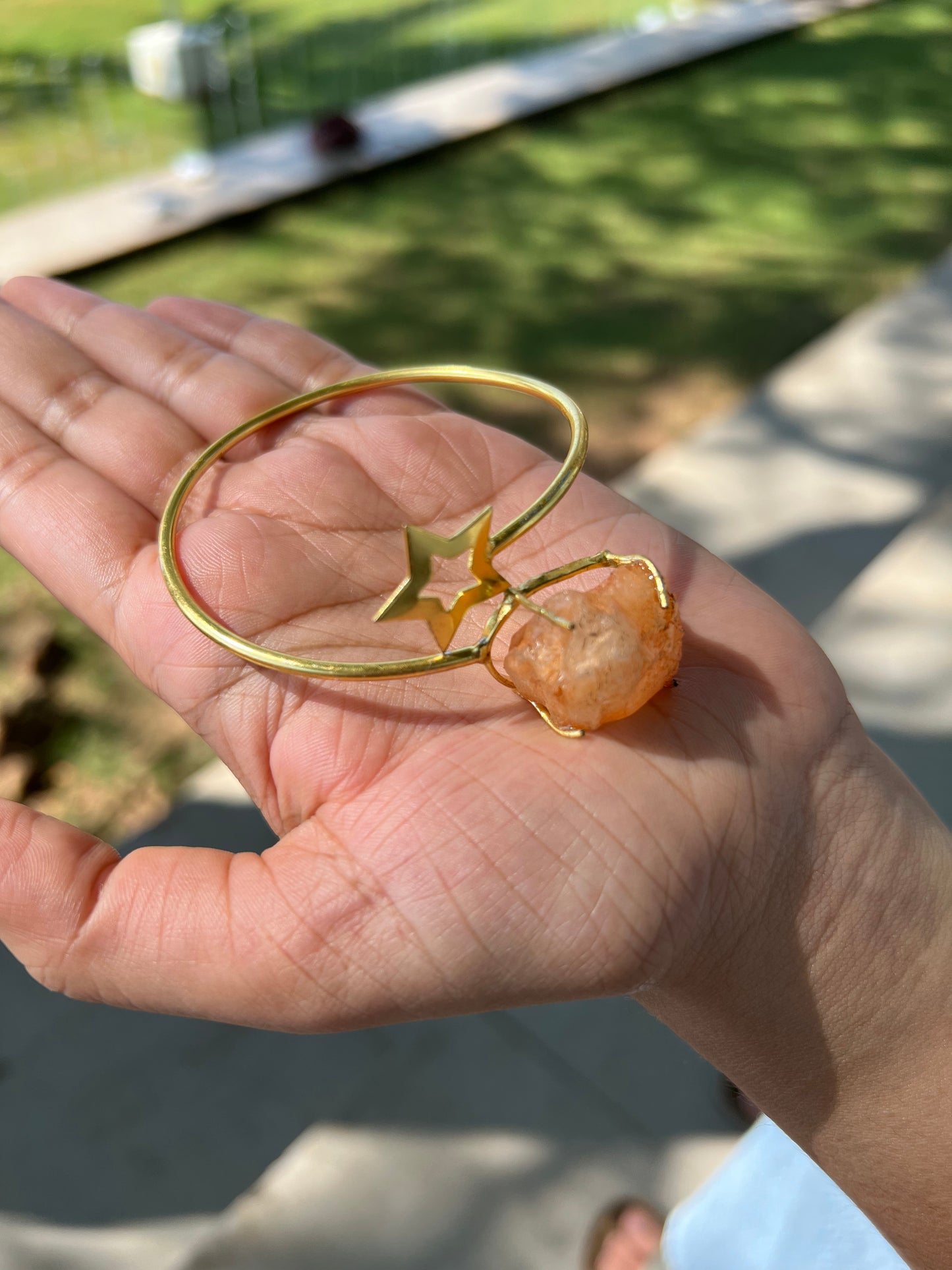 Gold Plated Raw Stone and Star Bangle